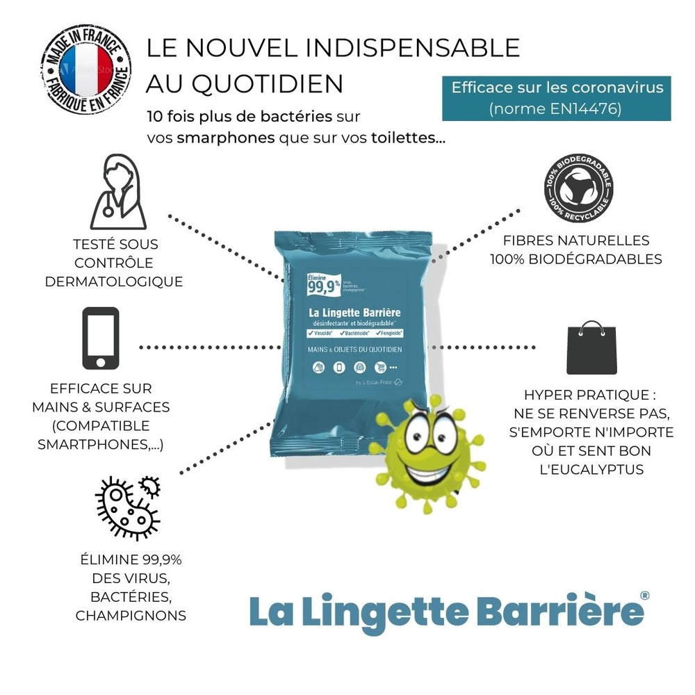 carlo & carla La Lingette Barrière : paquet de 12 lingettes désinfectantes virucides (fab. FR) Lingettes désinfectantes pour les mainset objets/surfaces (smartphones,…)