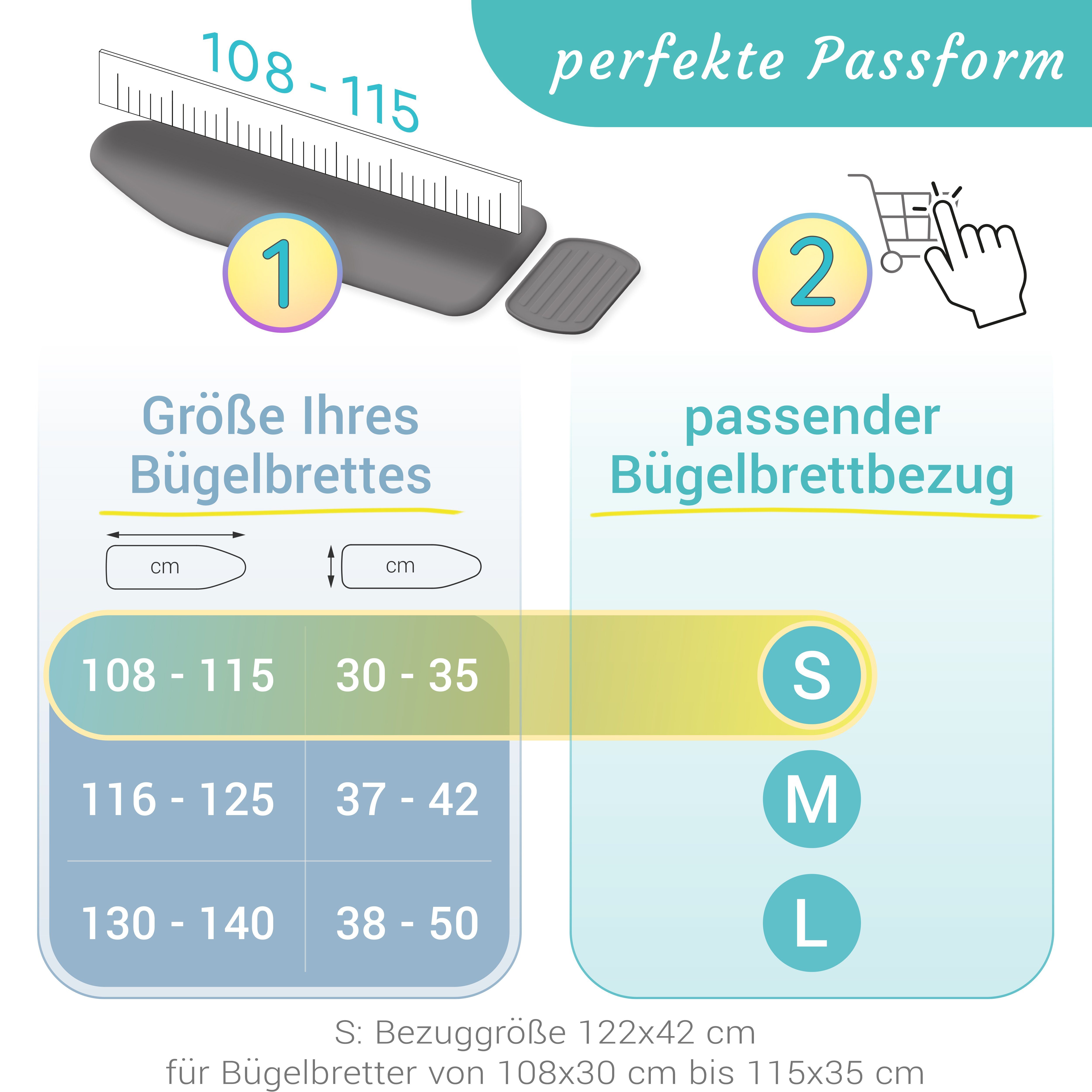 Timbley Bügelbrettbezug in 9 Varianten Made in EU grau/türkis-grau, Zubehör für Bügeltische, 108-115cm, 116-125 cm, 130-140cm