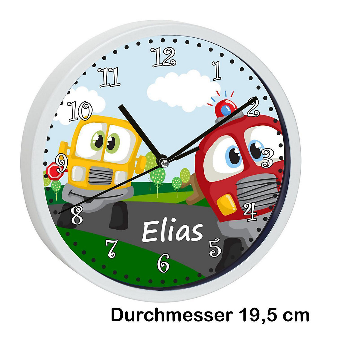 Kinder Wanduhr personalisiert mit Name Auto-Cartoon