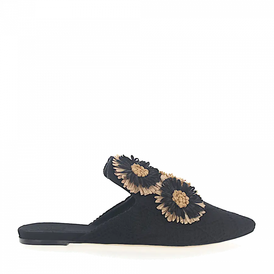SANAYI 313 - Slipper 112884 Blumen-Deko Stickerei schwarz - schwarz