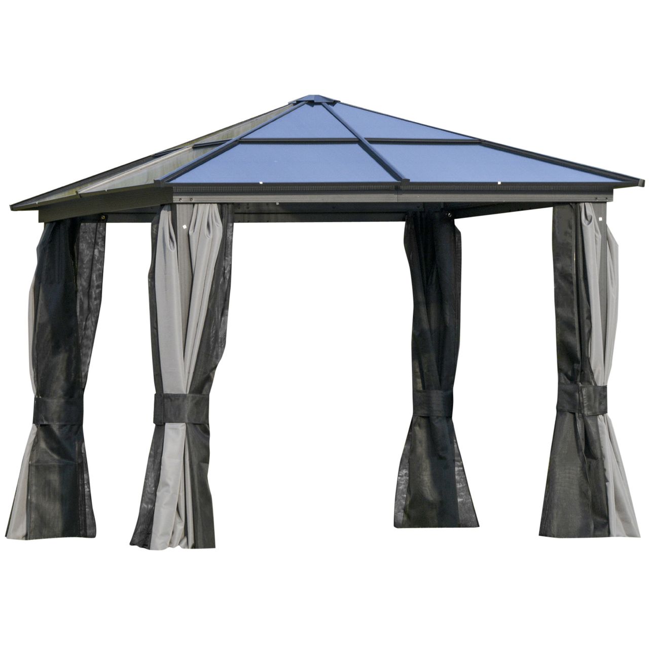 Outsunny Luxus Pavillon Gartenpavillon Alu Partyzelt Gartenzelt mit lichtdurchlässigem PC Dach Dunkelgrau Schwarz 300 x 300 x 265 cm
