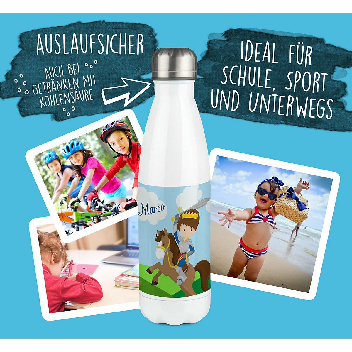 Edelstahl Kinder Thermoflasche / Trinkflasche bunt Ritter Spülmaschinenfest, Auslaufsicher, Bruchfest, Doppelwandig, Für Heißgetränke geeignet, Mit Deckel, Isoliert