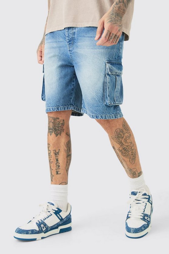 Tall lockere Cargo-Jeansshorts in mittelblauer Waschung