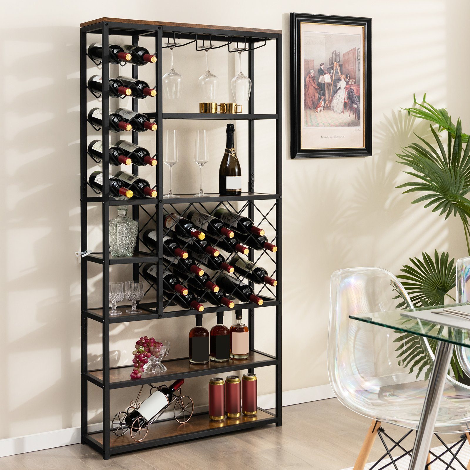 COSTWAY Weinregal, stehend, Metall, für 27 Flaschen, mit Glashaltern & Regal