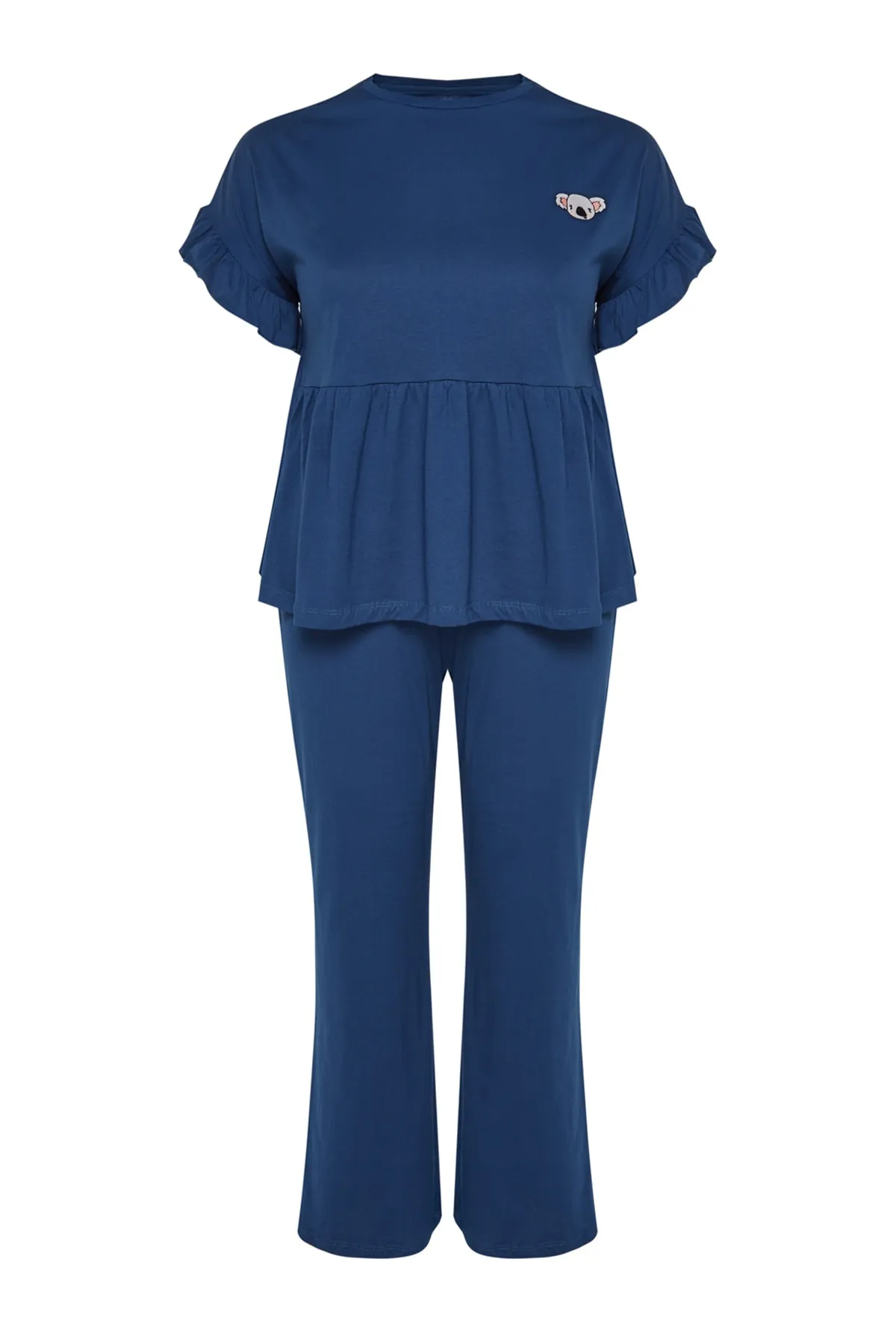 Trendyol Curve  Marineblaues Pyjama-Set aus Strick mit besticktem Volant TBBSS22PT0565