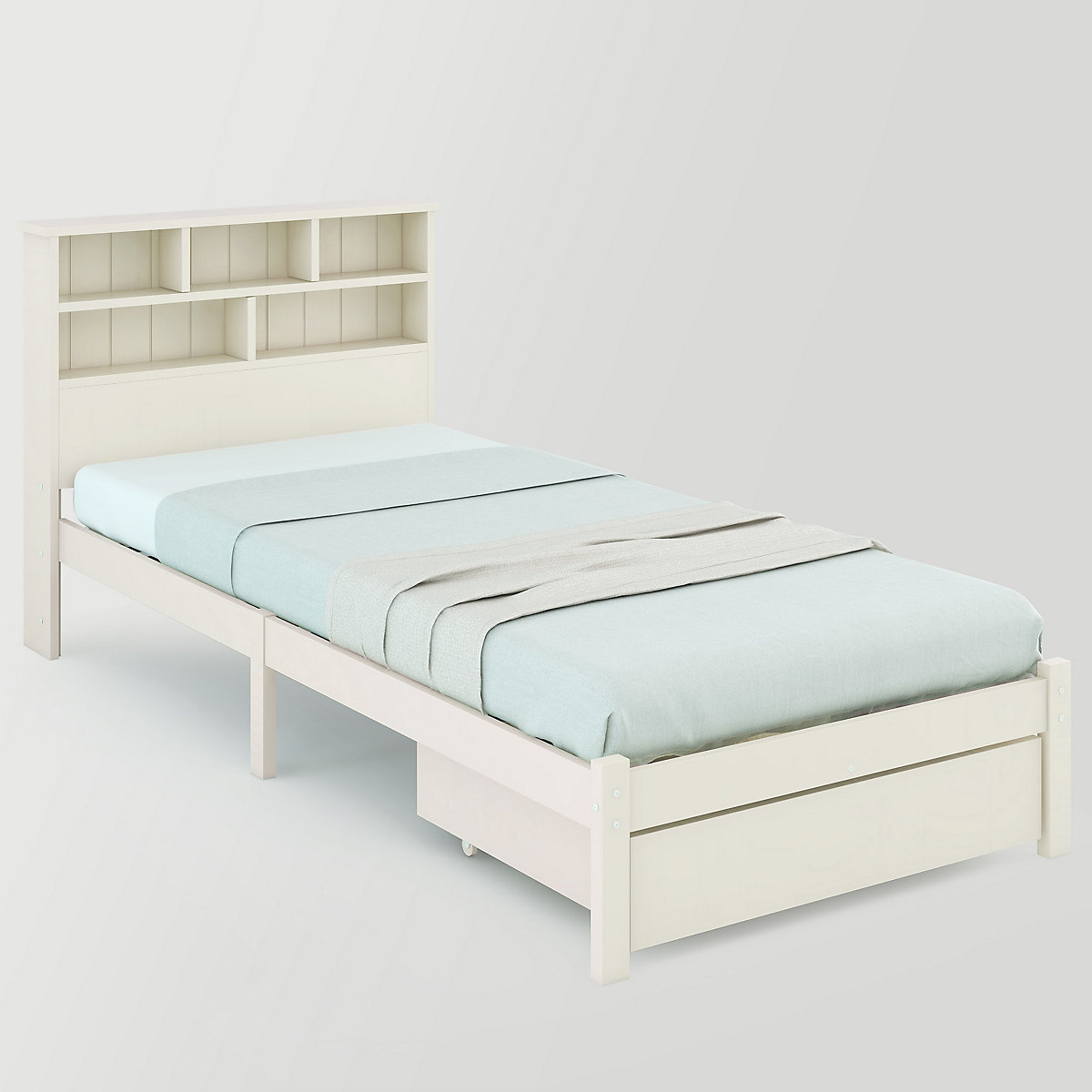Einzelbett 90x200cm aus Massivholz mit Schubladen, Bücherregal und Lattenrost