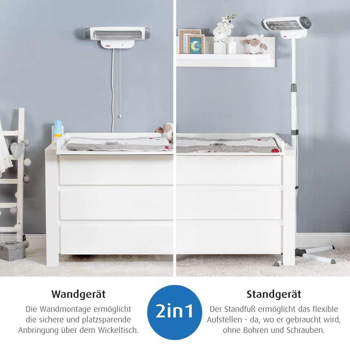 Reer Wickeltisch-Heizstrahler 2 in 1 FeelWell Wickeltisch-Wärmestrahler, Maße: ca. B 52 cm x H 155 cm bis 185 cm
