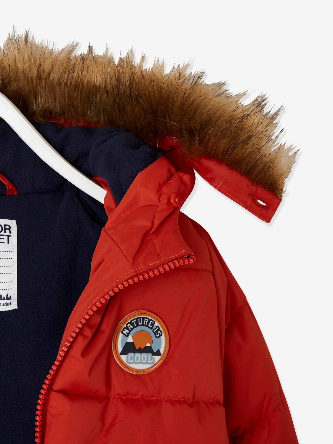 Doudoune à capuche garçon doublée maille polaire rouge orangé vif