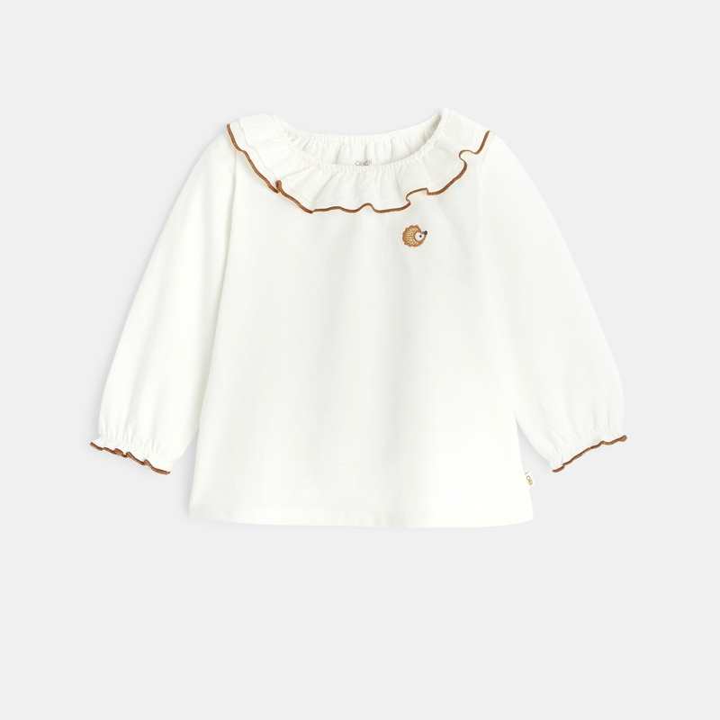T-shirt à col volants hérisson brodé beige bébé fille