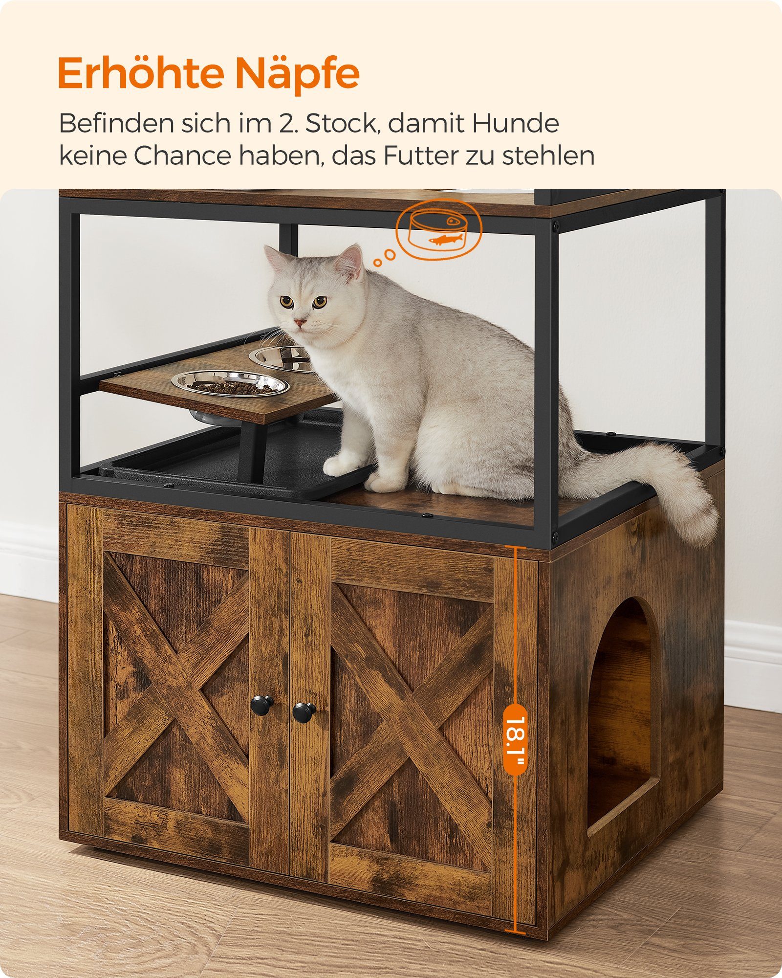 FEANDREA Kratzbaum, 3-in-1, mit Katzenklo-Schrank, erhöhter Napfständer