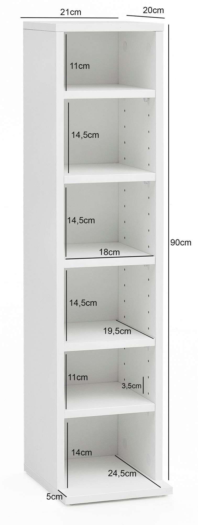 Wohnling CD-Regal WL5.836, 21x90x20 cm, Offenes Bücherregal Schmal Weiß, CD Aufbewahrung Klein, Nischenregal 6 Fächer