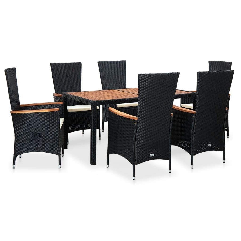 vidaXL Garten-Essgruppe 7-tlg. Garten-Essgruppe Poly Rattan Akazienholz Schwarz, (7-tlg)