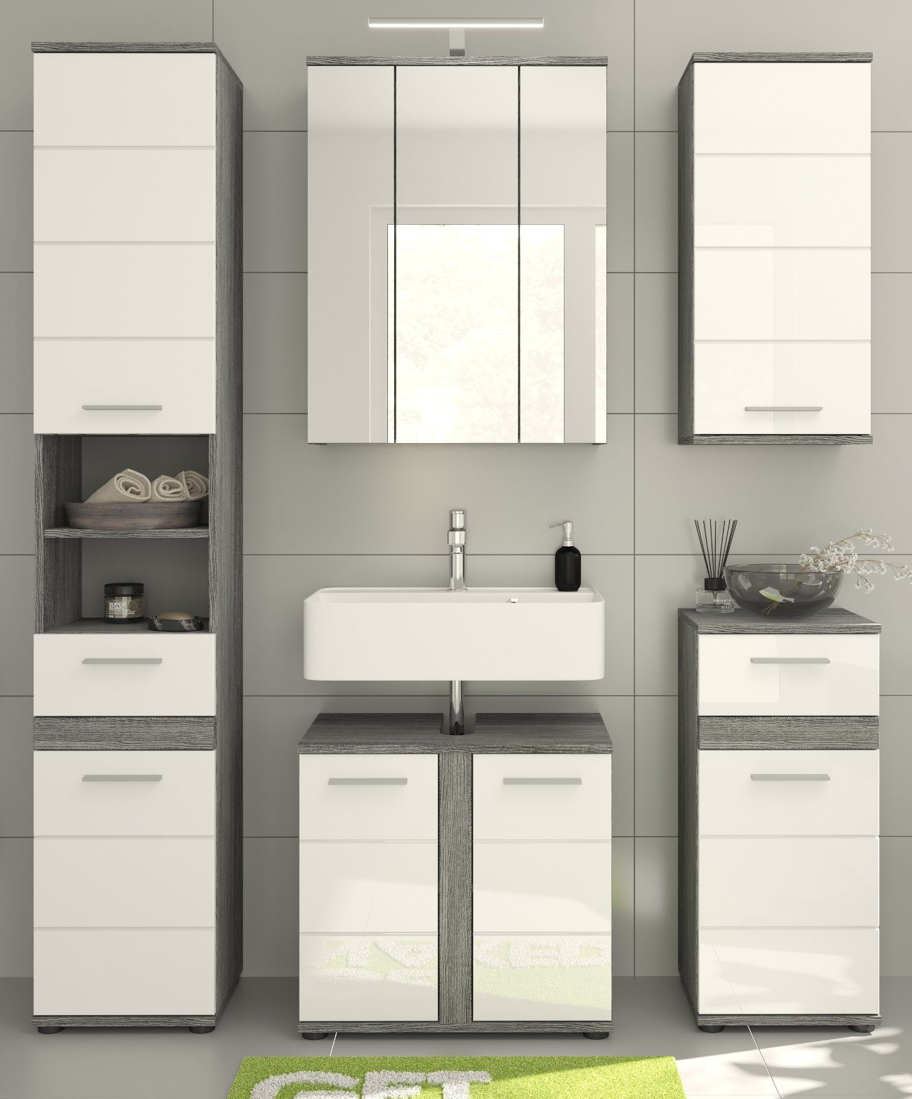 xonox.home Badmöbel-Set Blake, (Set 5-teilig in weiß Hochglanz und grau Rauchsilber), mit viel Stauraum
