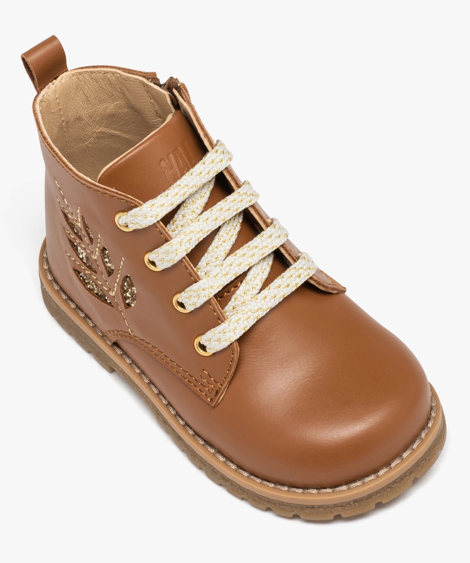 Boots bébé fille en cuir uni avec lacets irisés et à zip camel | GEMO