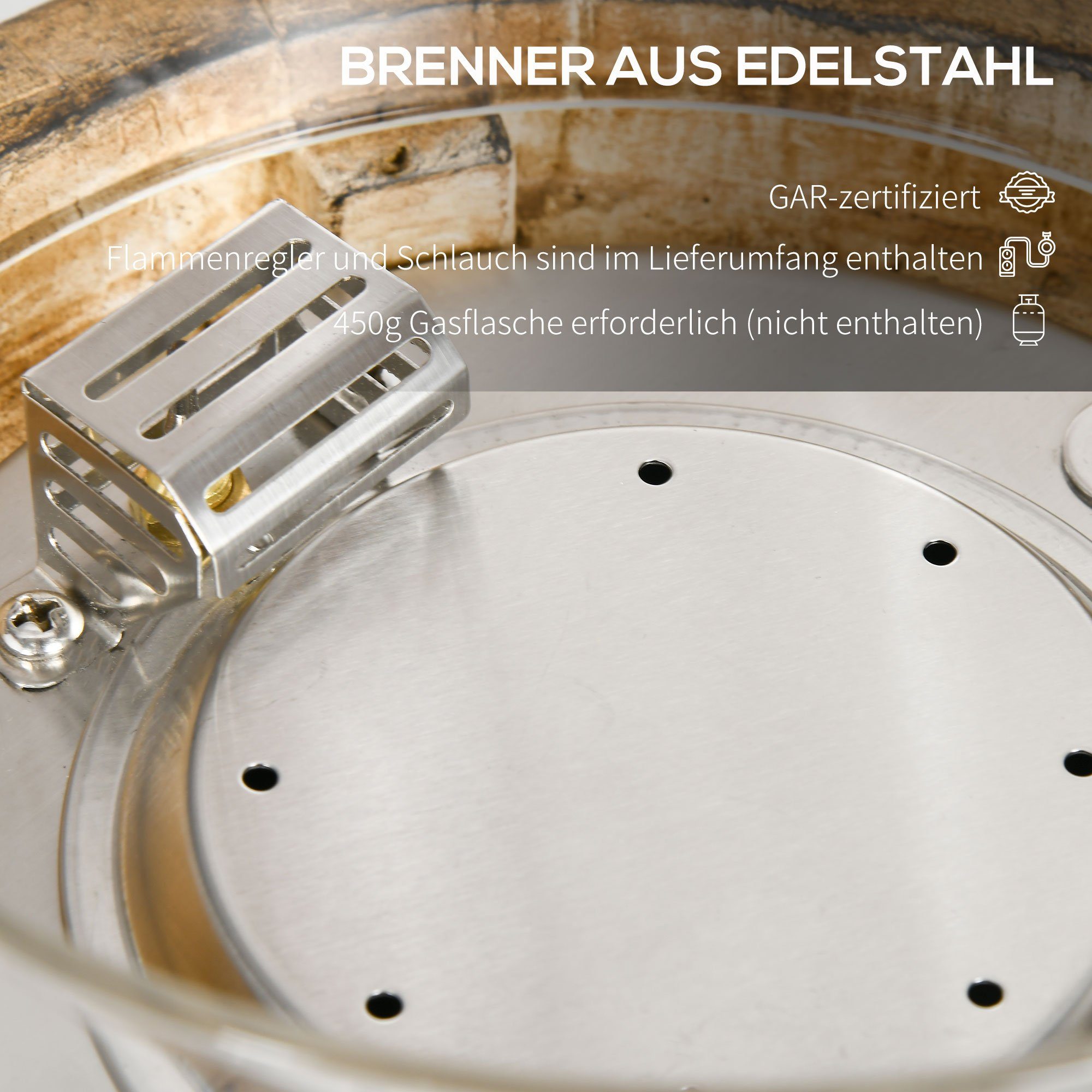 Outsunny Feuerstelle 10.000BTU Tischfeuerschale, Tragbare Feuerstelle, (Lavasteinen für Outdoor, 1-St., Heizstrahler im Holzoptik mit runder Gasfeuerschale), ØxH: 21.5 x 34.5 cm