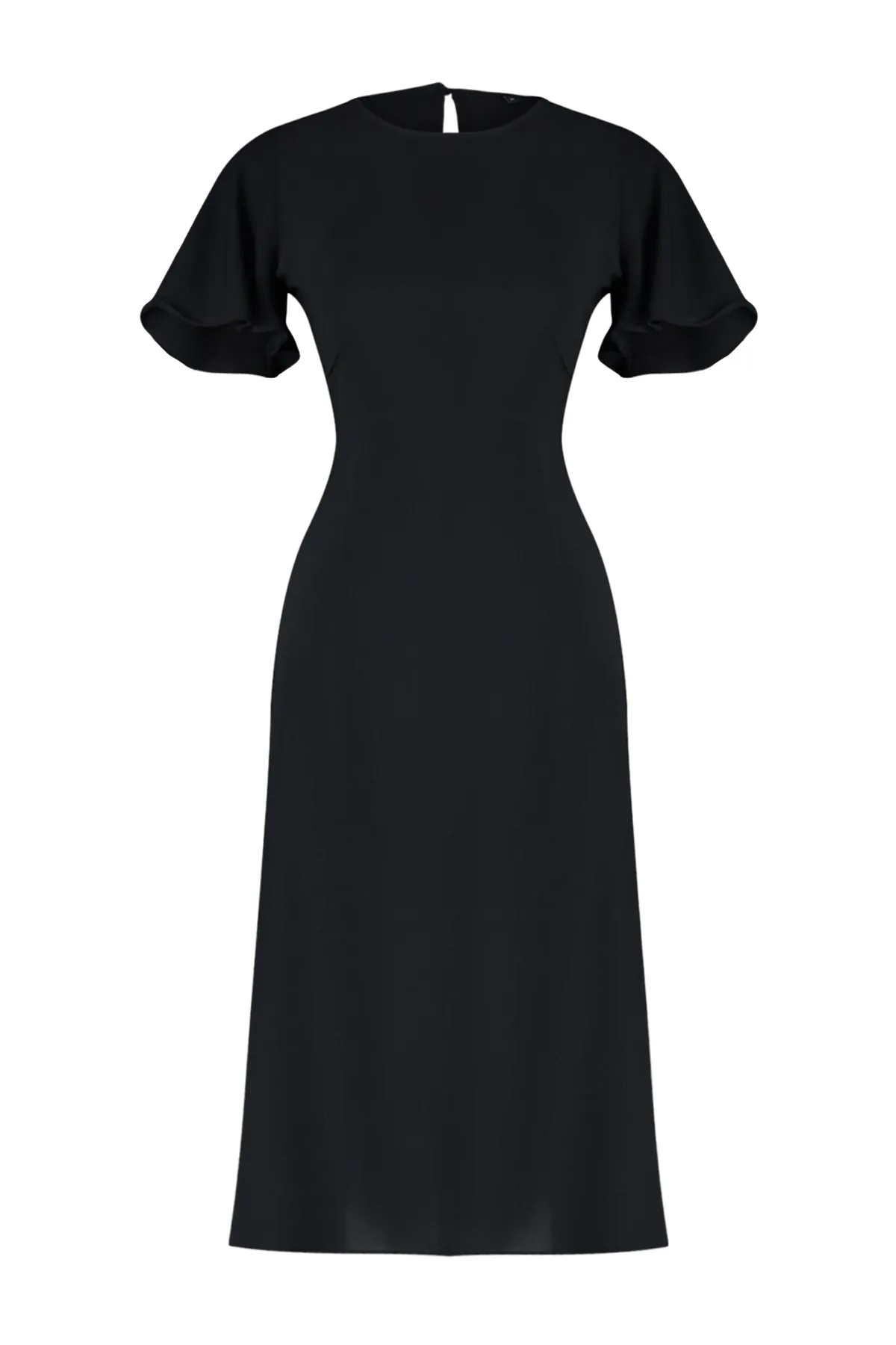 Trendyol Collection  Schwarzes A-Linien-Midikleid aus Webstoff mit Rundhalsausschnitt auf der Rückseite und Knopfdetail TWOSS24EL00738