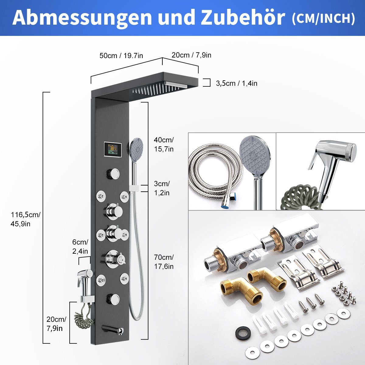 MULISOFT Brausegarnitur 6 in 1 Duschsäule Massagedusche, Regendusche,Handbrause Wanneneinlauf, 6 Strahlart(en), Duschpaneel Edelstahl mit Thermostat für Badezimmer Dusche
