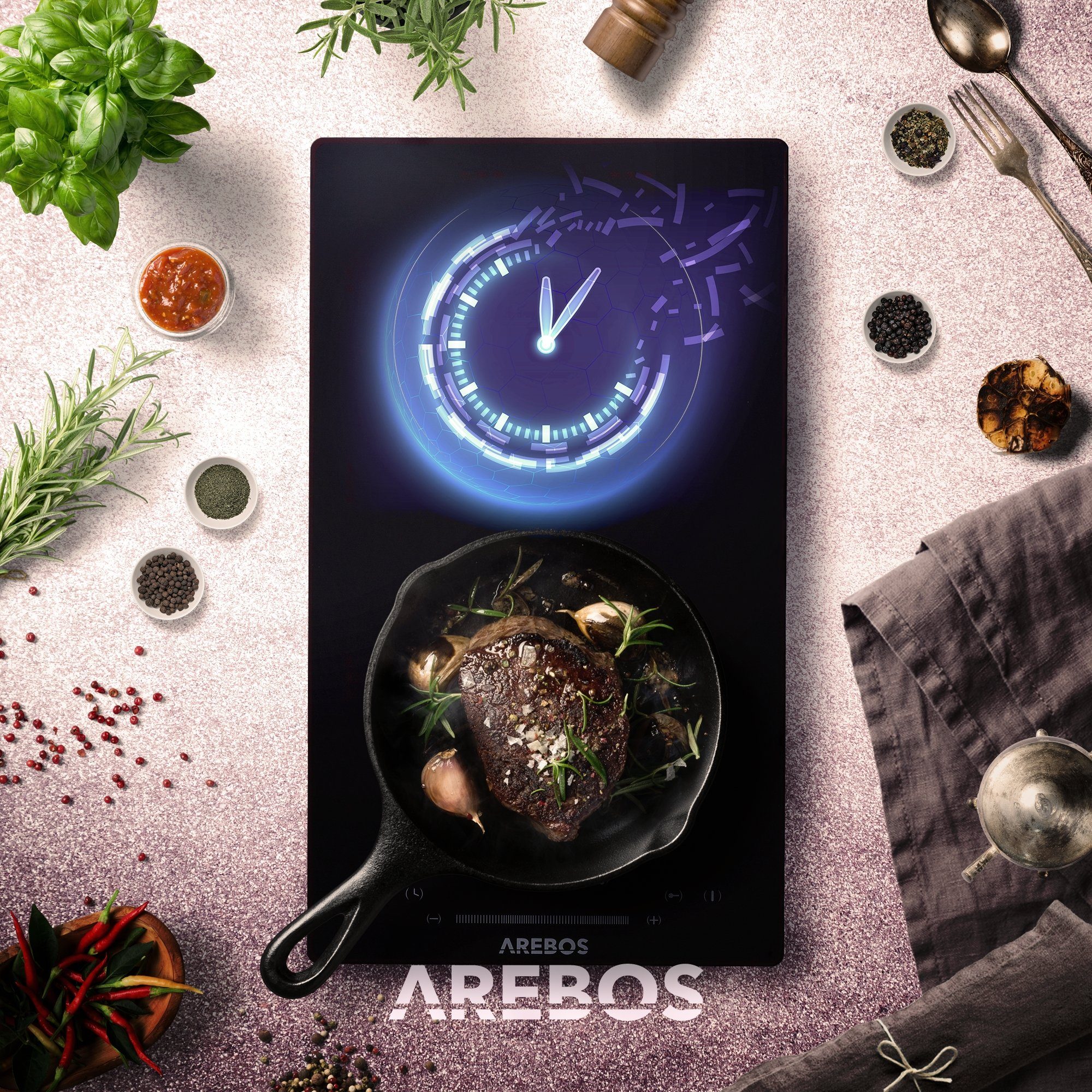 Arebos Elektro-Kochfeld Glaskeramik AR-HE-GK2N, Obere Kochzone: 1800 W, Untere Kochzone: 1200 W