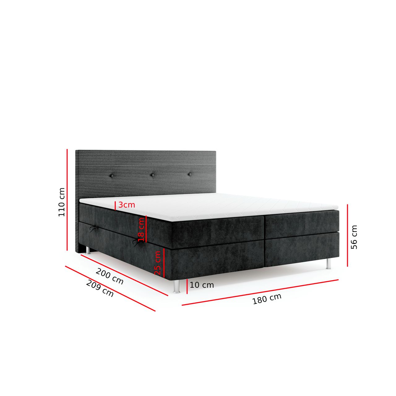 Möbel Punkt Boxspringbett RIO mit Bettkasten 180 x 200 cm Webstoff Schwarz Bett Bettkasten Topper