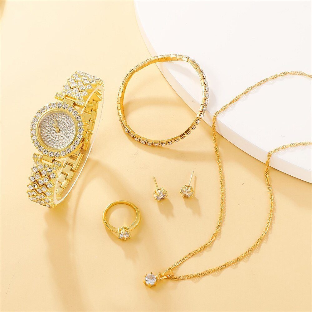 KUGI Quarzuhr 5pcs Damenuhr Set Damen Halskette aus Metall Ohrringe, (Quarzuhr, Diamanthalskette, Diamantarmband, zwei Diamantohrstecker und ein Diamantring Modeaccessoires, die zu verschiedenen Kleidungsstilen und Taschen getragen werden können, Die