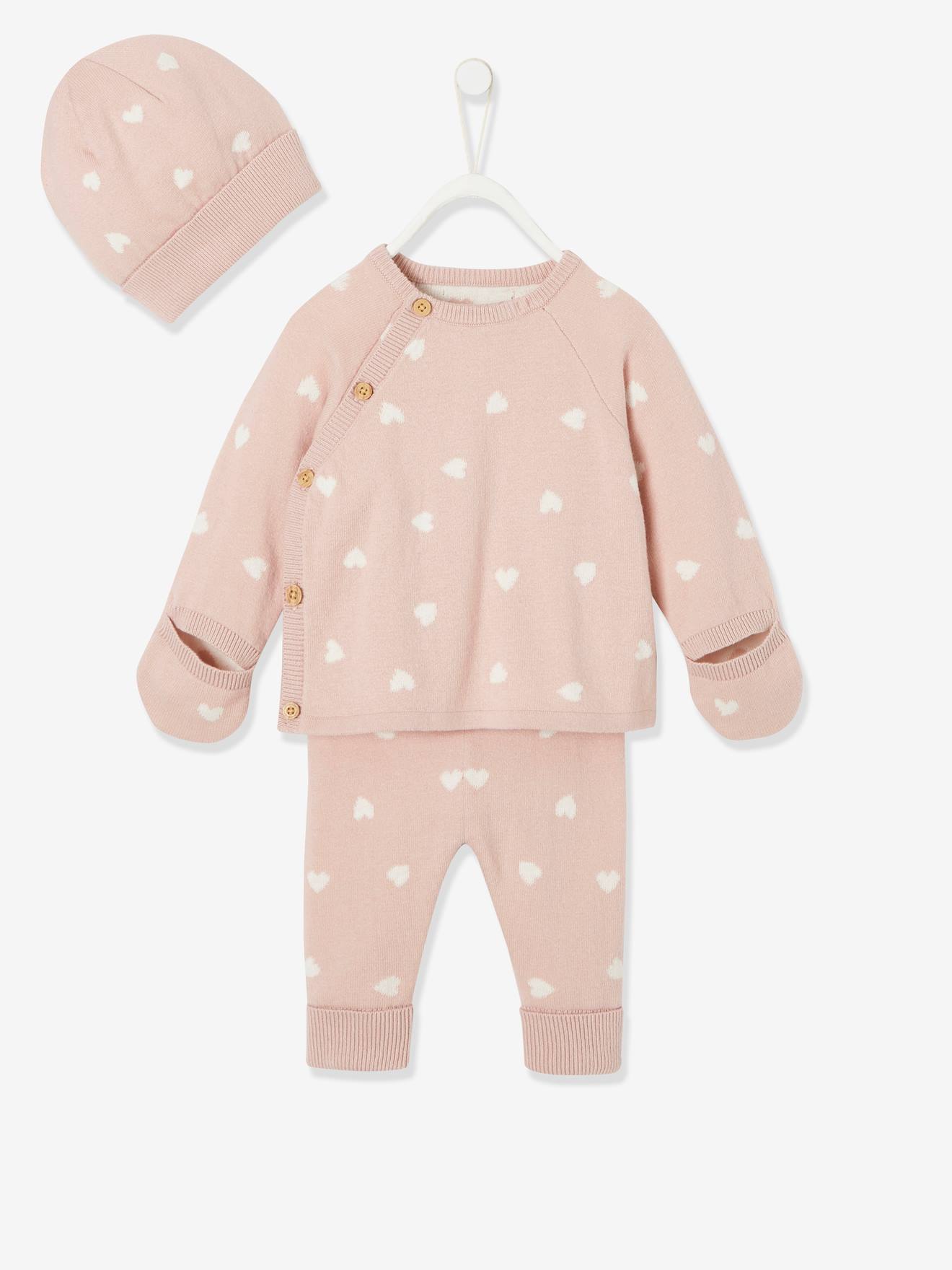 Ensemble 4 pièces bébé : pull + pantalon + bonnet + moufles gris clair chiné