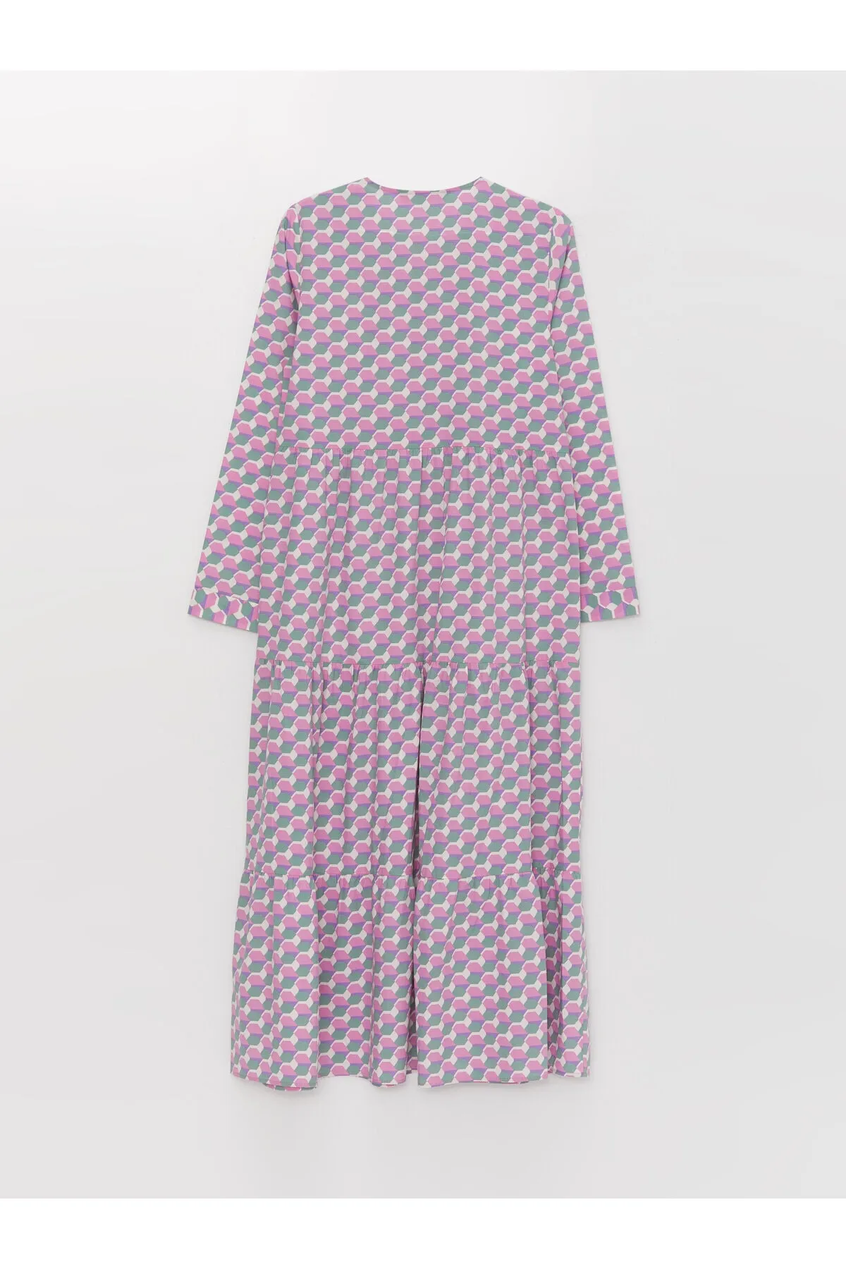 LC Waikiki  Gemustertes, langärmliges Damenkleid mit Rundhalsausschnitt