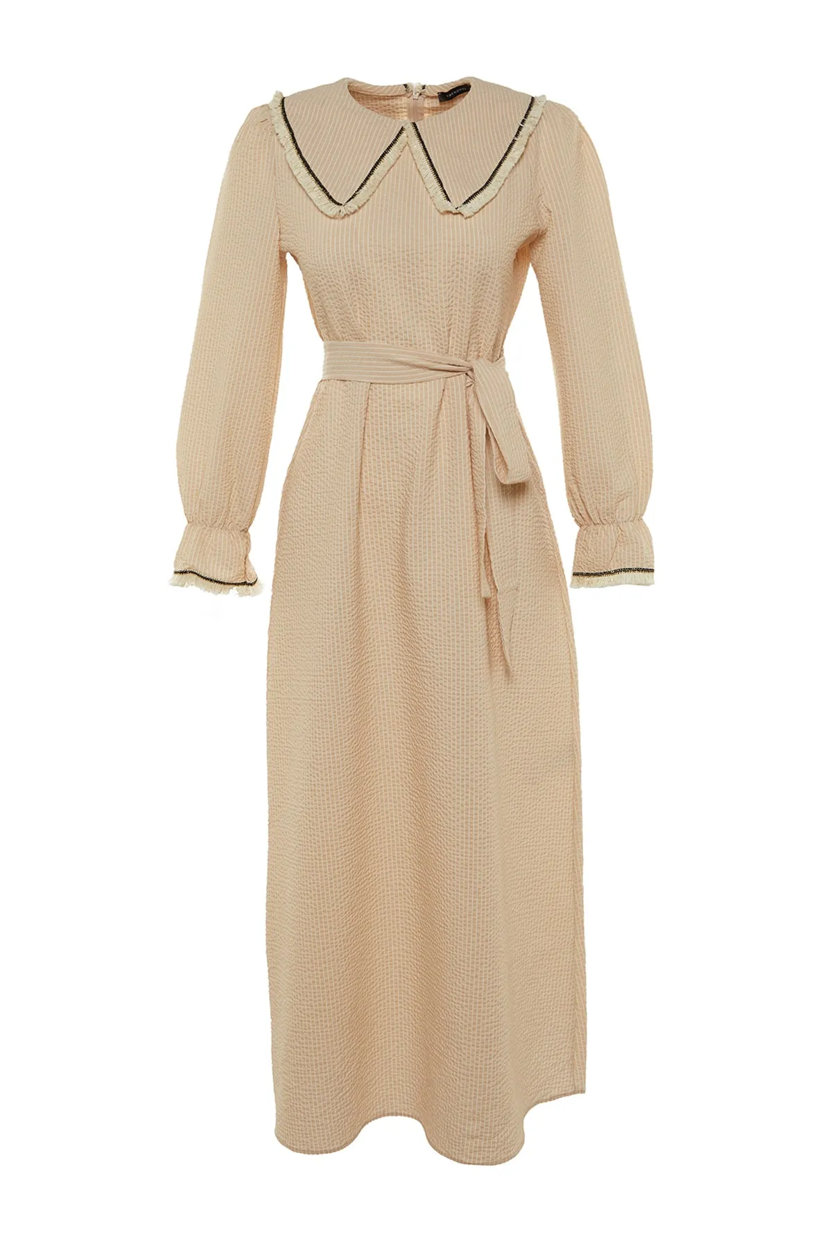 Trendyol Modest  Beiges gestreiftes Babykleid aus gewebter Baumwolle mit Kragen und Gürtel TCTSS22EB0014