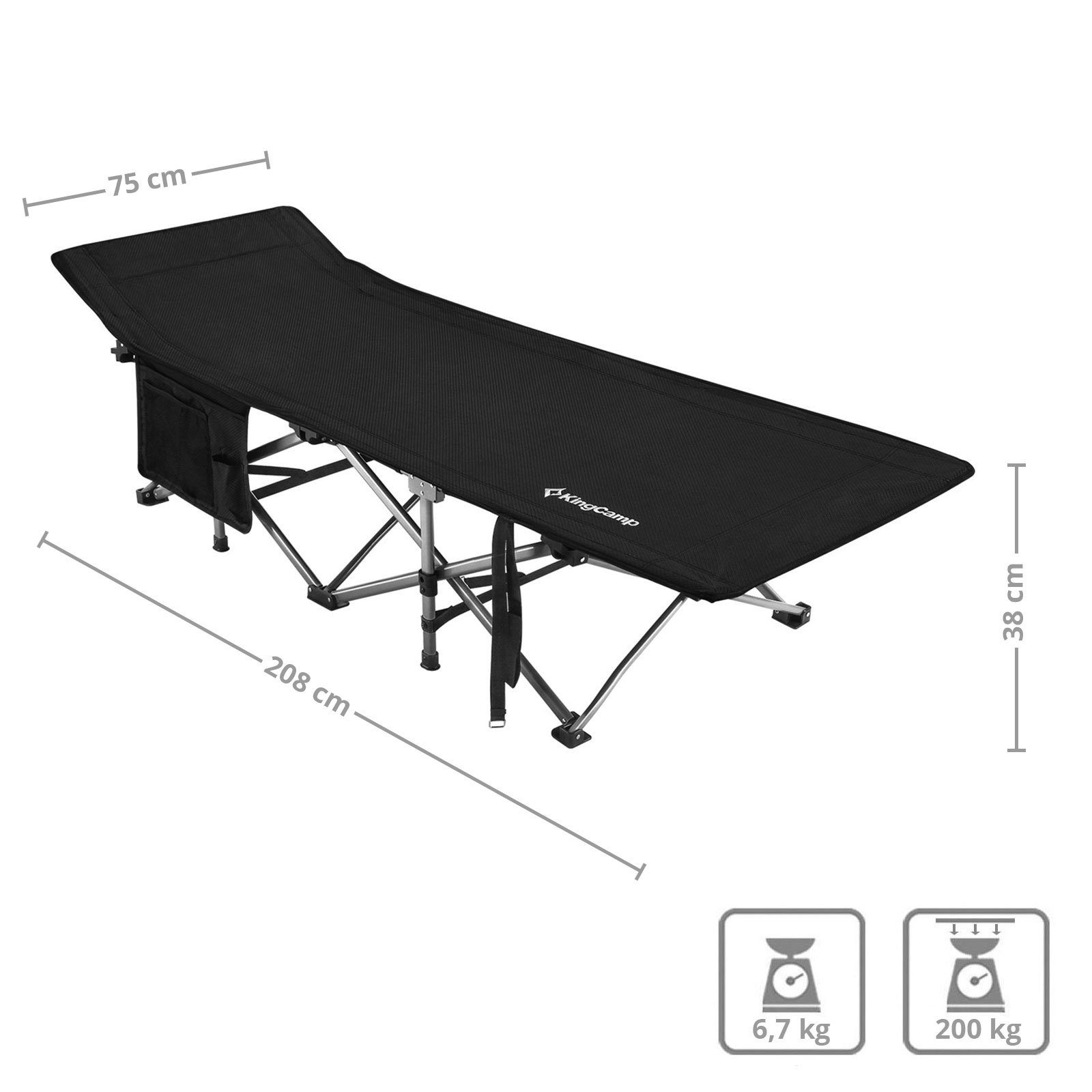 KingCamp Feldbett Feldbett XL Outdoor Camping Liege Gäste Klappbett Stahl 208x75cm 200kg