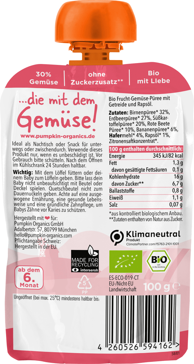 Quetschie Birne, Erdbeere, Süßkartoffel, Rote Beete, Banane & Hafer, ab 6 Monaten, 100 g