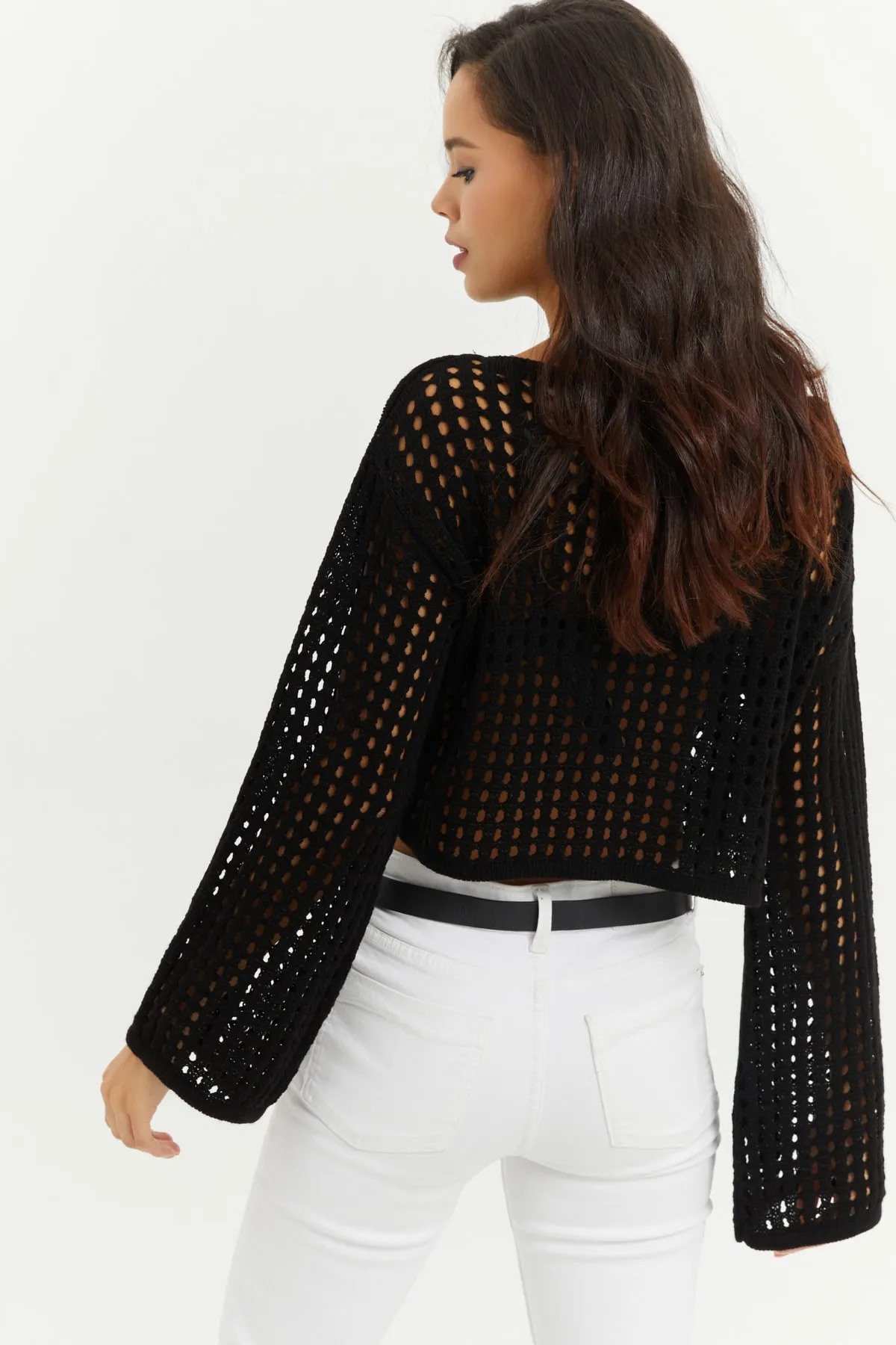 Cool & Sexy  Schwarze durchbrochene Strick-Kurzbluse mit spanischen Ärmeln für Damen SMT181