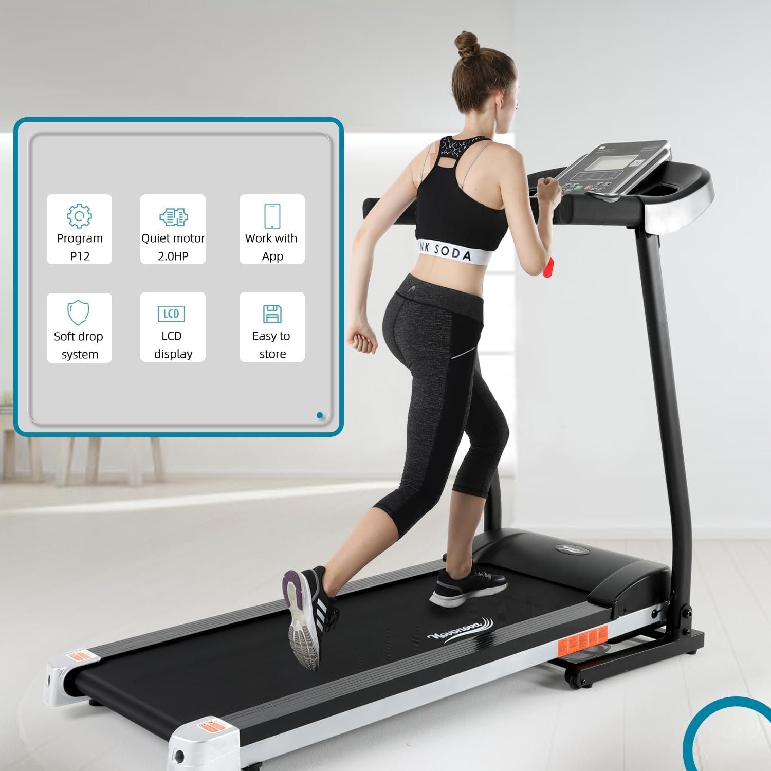 Novonova Laufband (Bluetooth APP, 2HP leiser Elektromotor, LCD Display, SY-1025), elektrisches klappbar für zu Hause Laufband mit 12 Trainingsprogrammen