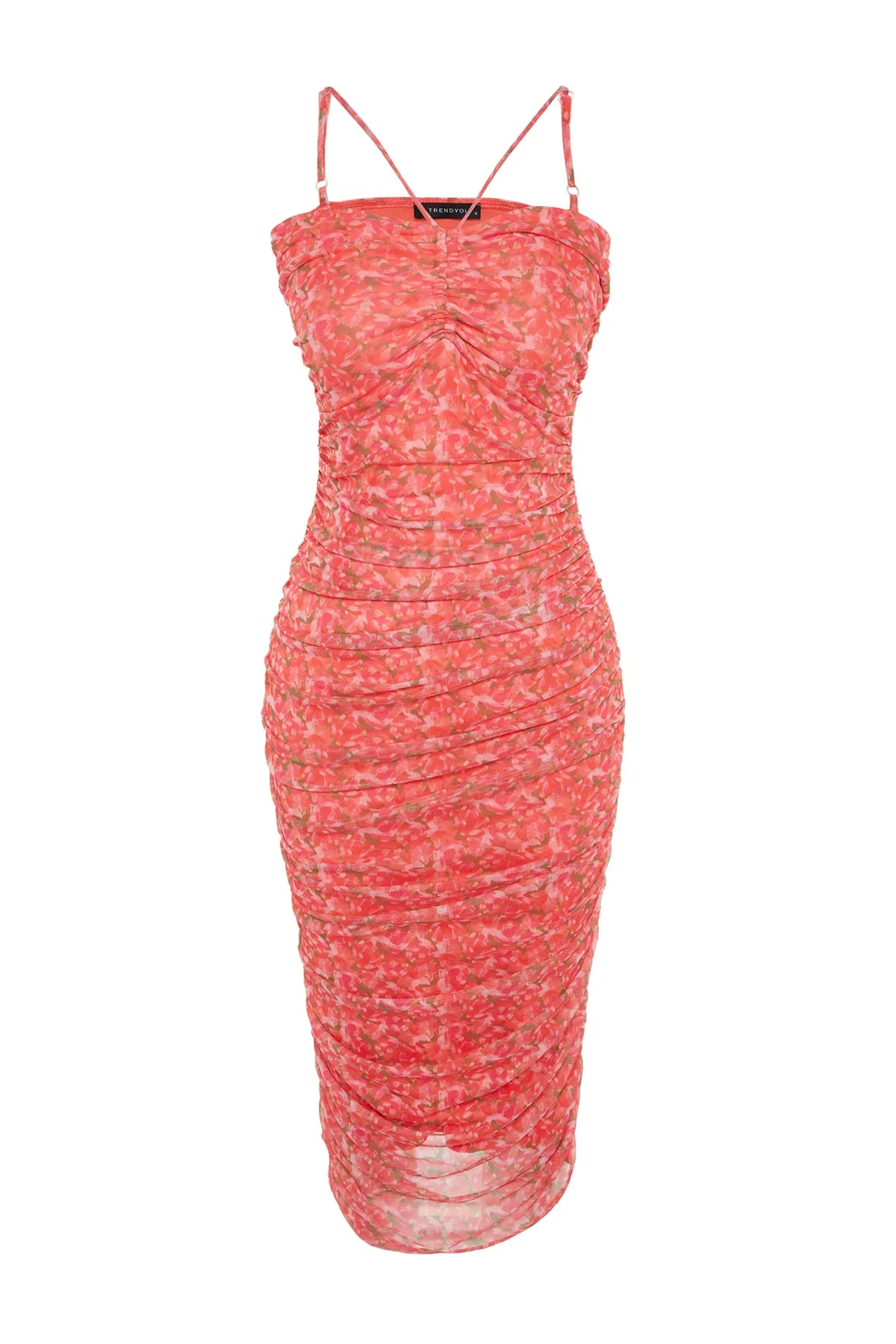 Trendyol Collection  Rosa bedrucktes, figurbetontes, drapiertes, detailliertes, gerafftes, dehnbares Midi-Strickkleid aus Tüll TWOSS23EL00360