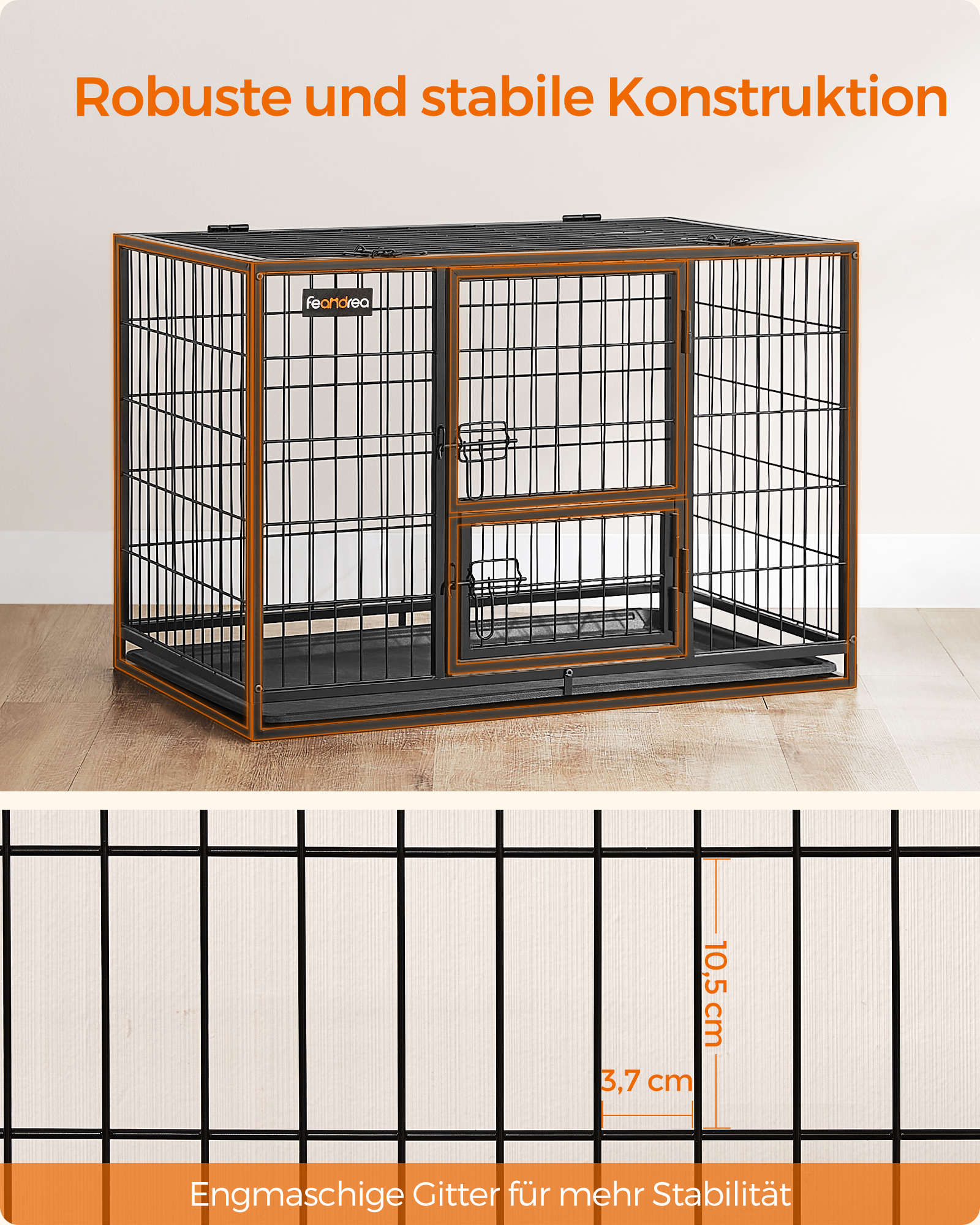 FEANDREA Erziehungshilfen FEANDREA L/XL Hundekäfig hochbelastbar 92,5 cm, 57,5 cm, 64 cm