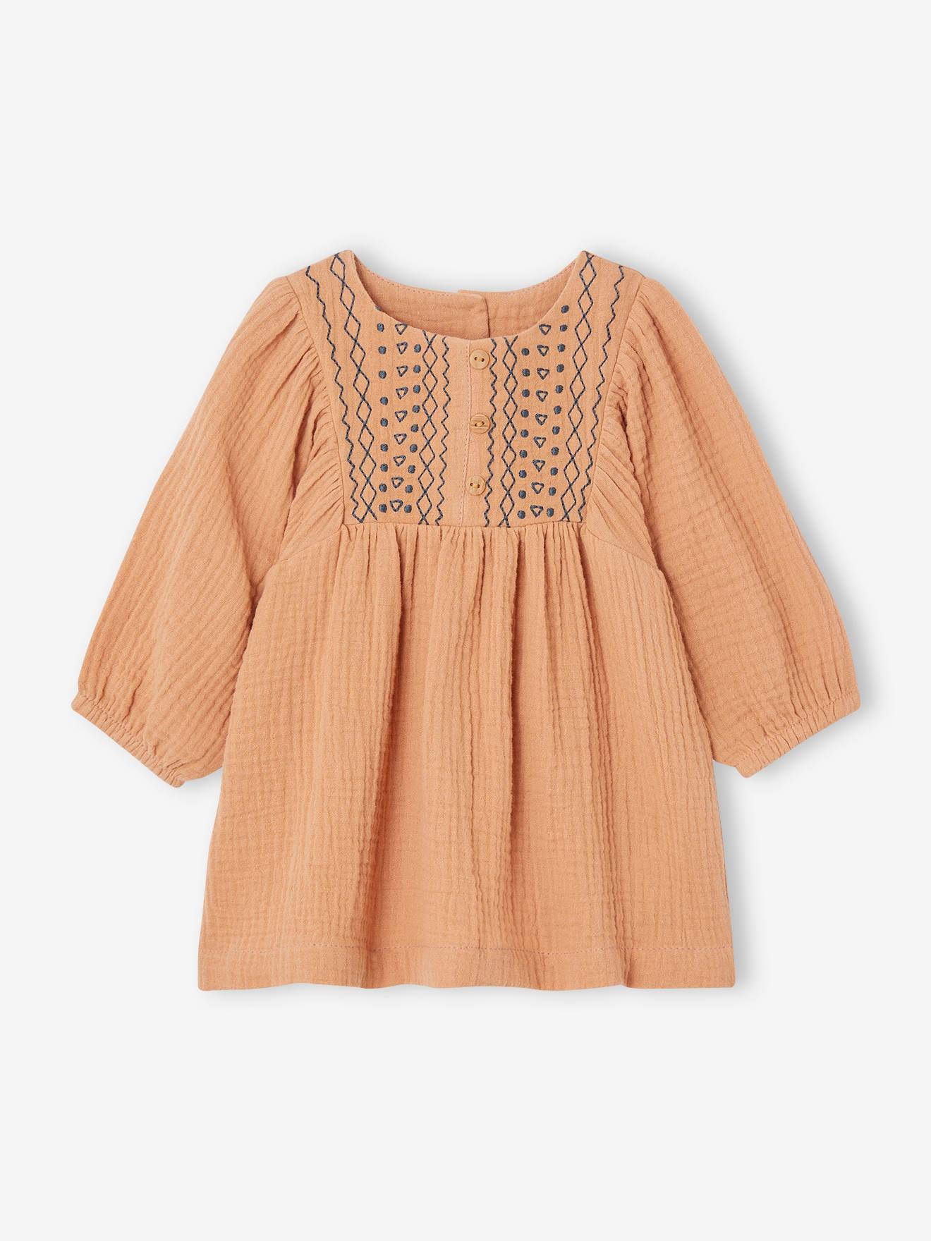 Vertbaudet Besticktes Baby Kleid aus Musselin - karamell