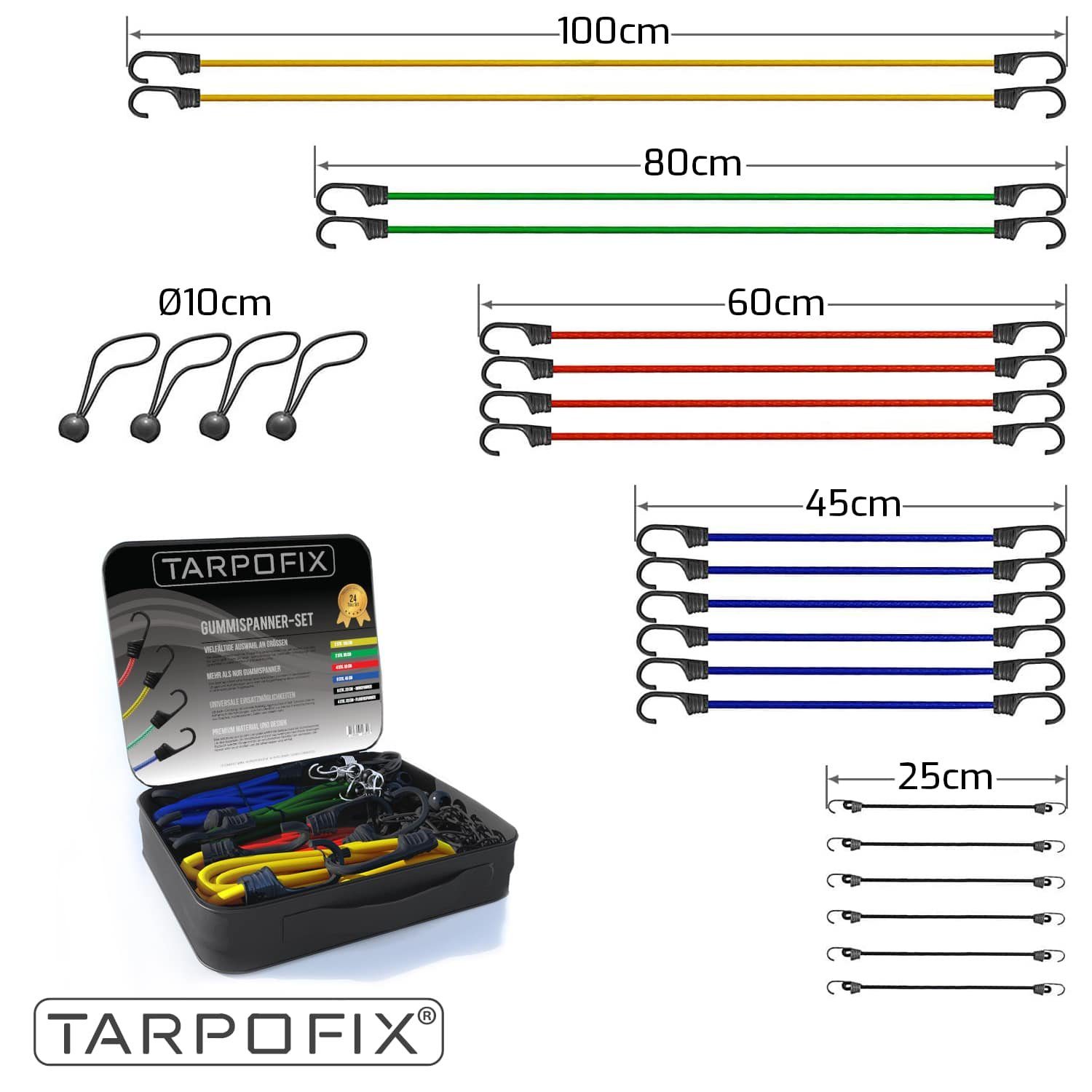Tarpofix® Spanngurt Gepäckspanner Spanngummi Set 25-100 cm (24er-Set) Kunststoff ummantelte Expander Haken - universell nutzbar als Spanngurte, Gepäckgummis & Spannseile