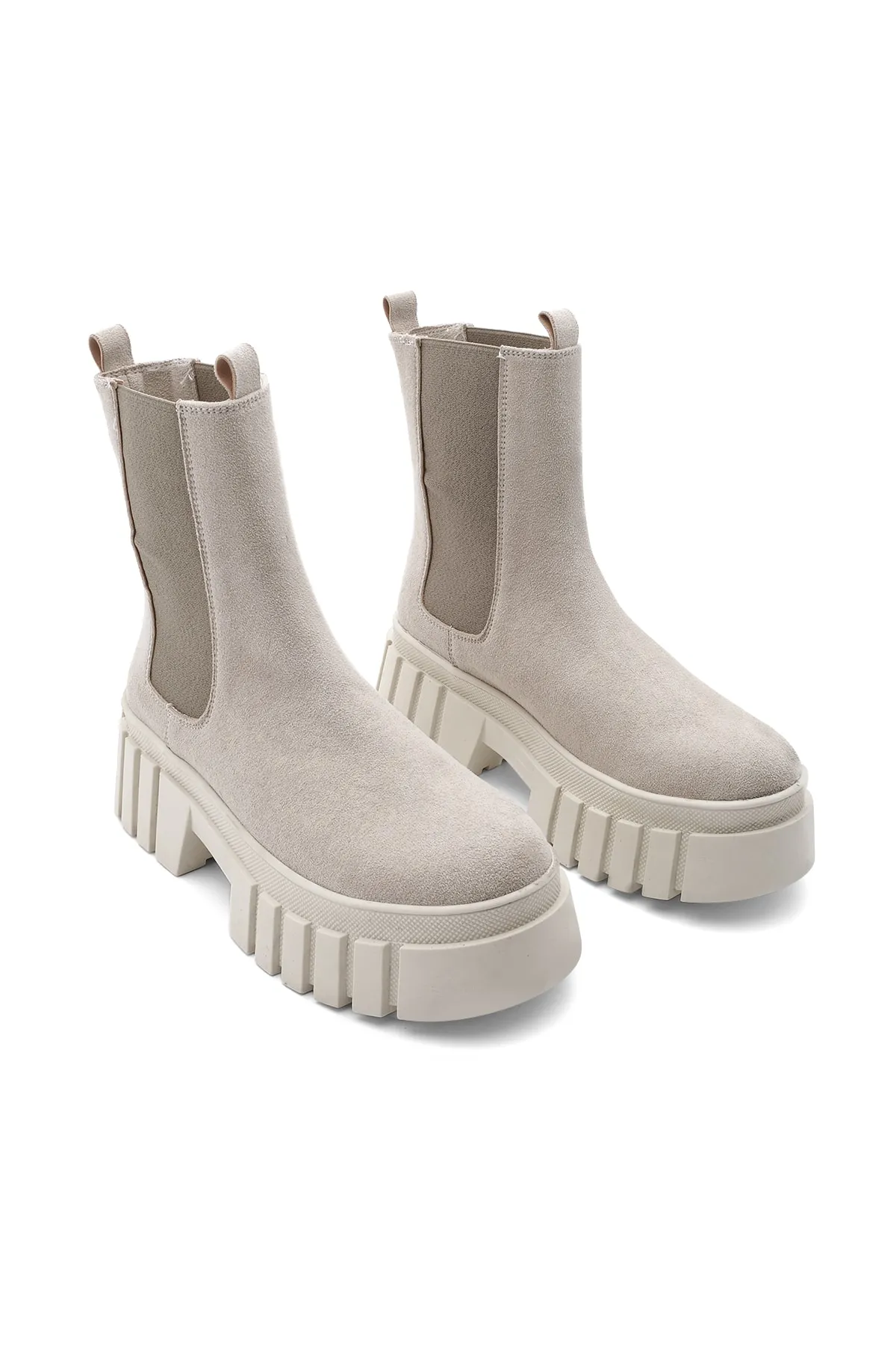 Marjin  Damen-Tagesstiefel aus echtem Leder mit elastischem Seitenband, dicker Sohle, Martes-Beige-Wildleder