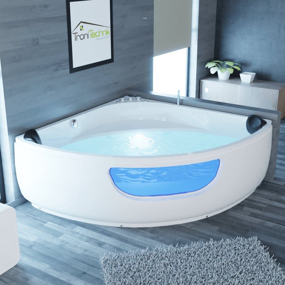 TroniTechnik Whirlpool-Badewanne PAROS 135 cm x 135 cm,Whirlpoolpumpe,Unterwasser LEDs, inkl. Zubehör, (inkl. Zubehör, vormontierte Badewanne mit Unterwasser LED), Premium Whirlpoolpumpe, Unterwasser LED, Massagedüsen