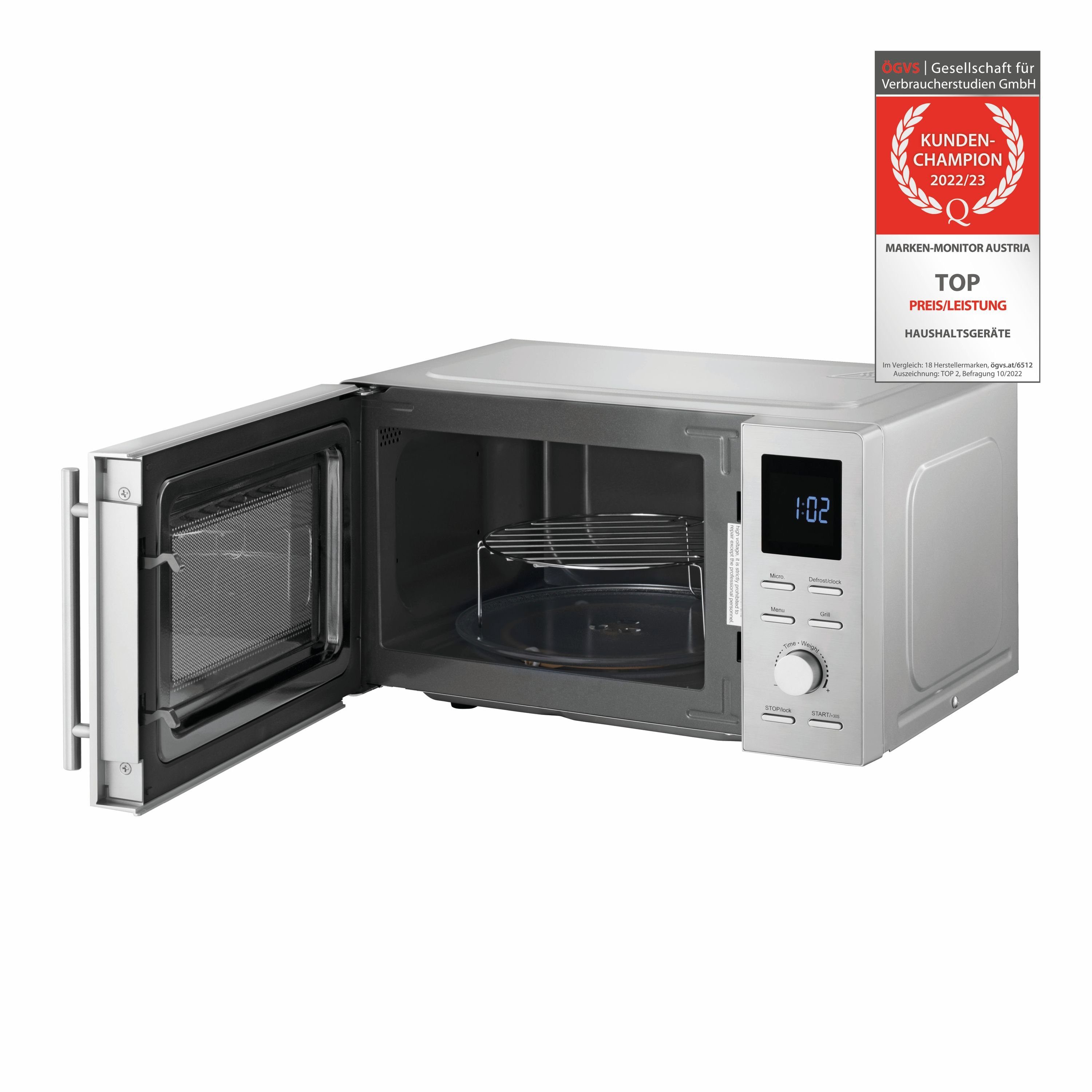 TZS FIRST AUSTRIA Mikrowelle mit Grillfunktion, 20L, Edelstahl, Schnellstart, 1100W, Mikrowelle mit Grill / Solo Betrieb, 14 l, 8 Automatikprogramme, Kindersicherung, 2in1 Mikrowelle