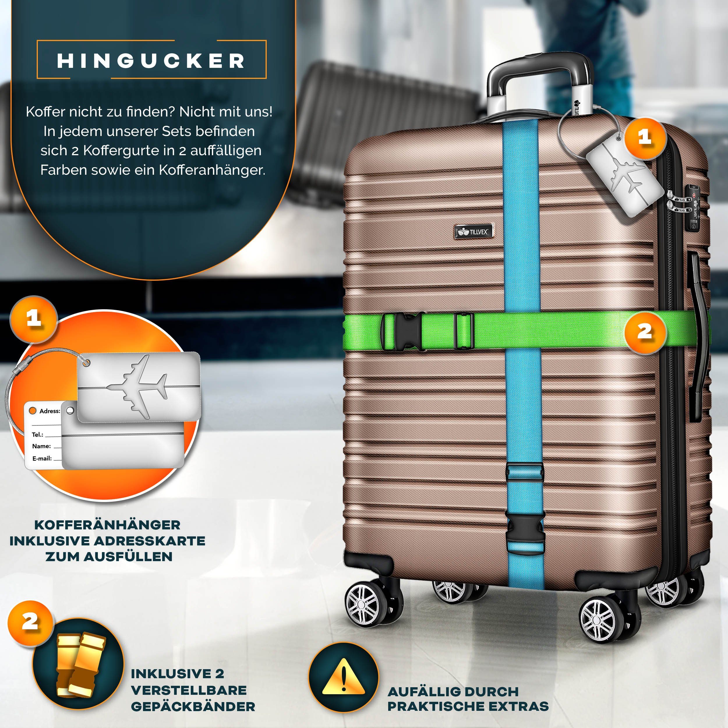 tillvex Kofferset Reisekoffer Set 3-teilig mit Gepäckwaage, Koffergurte, (und Kofferanhänger Hartschale Kofferset mit 4 Rollen, Trolley Gepäck Koffer mit TSA Schloss Rollkoffer), Hartschalenkofferset