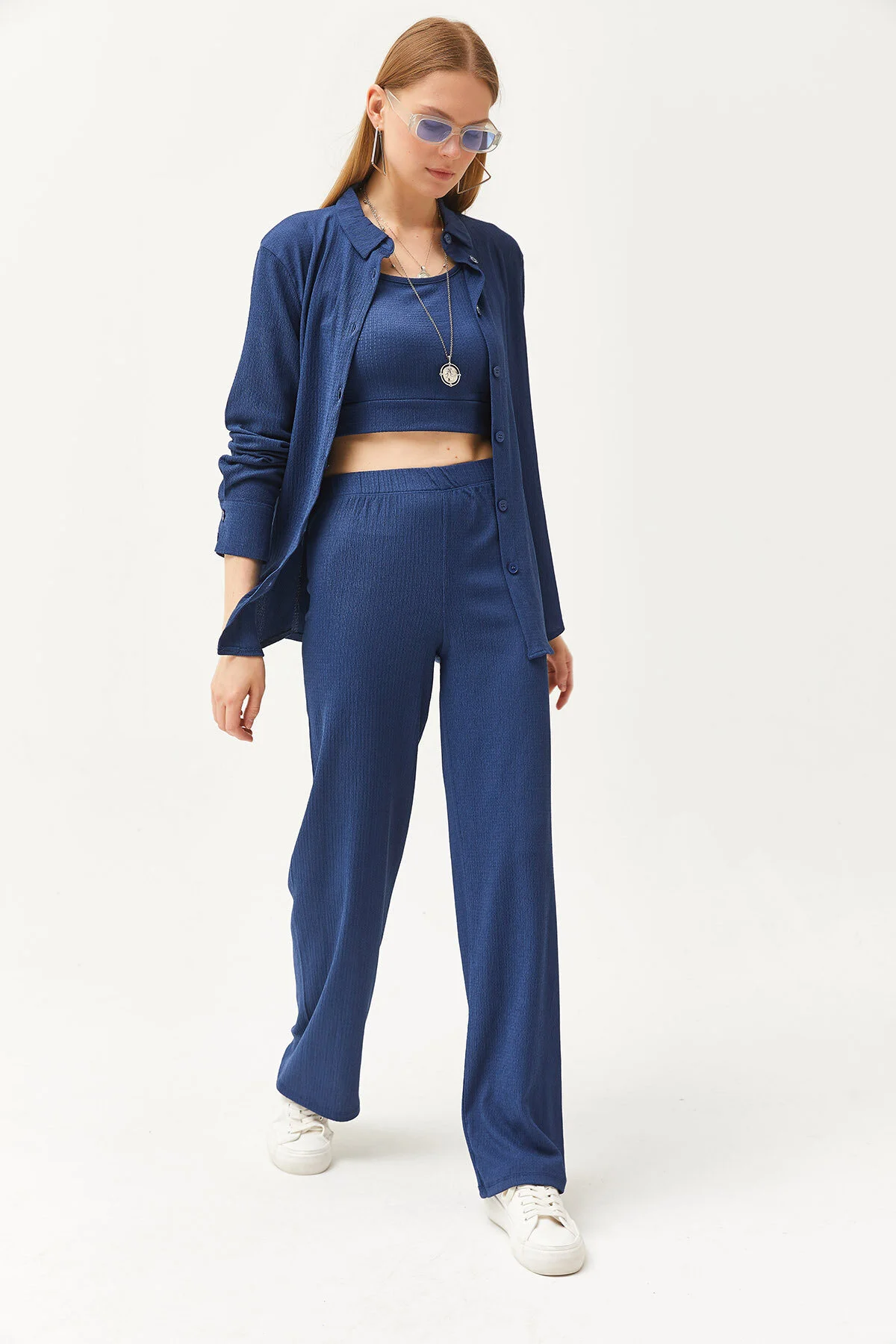 Olalook  Damen Indigo Hemdbluse Hose 3-teiliges Set TKM-19000270