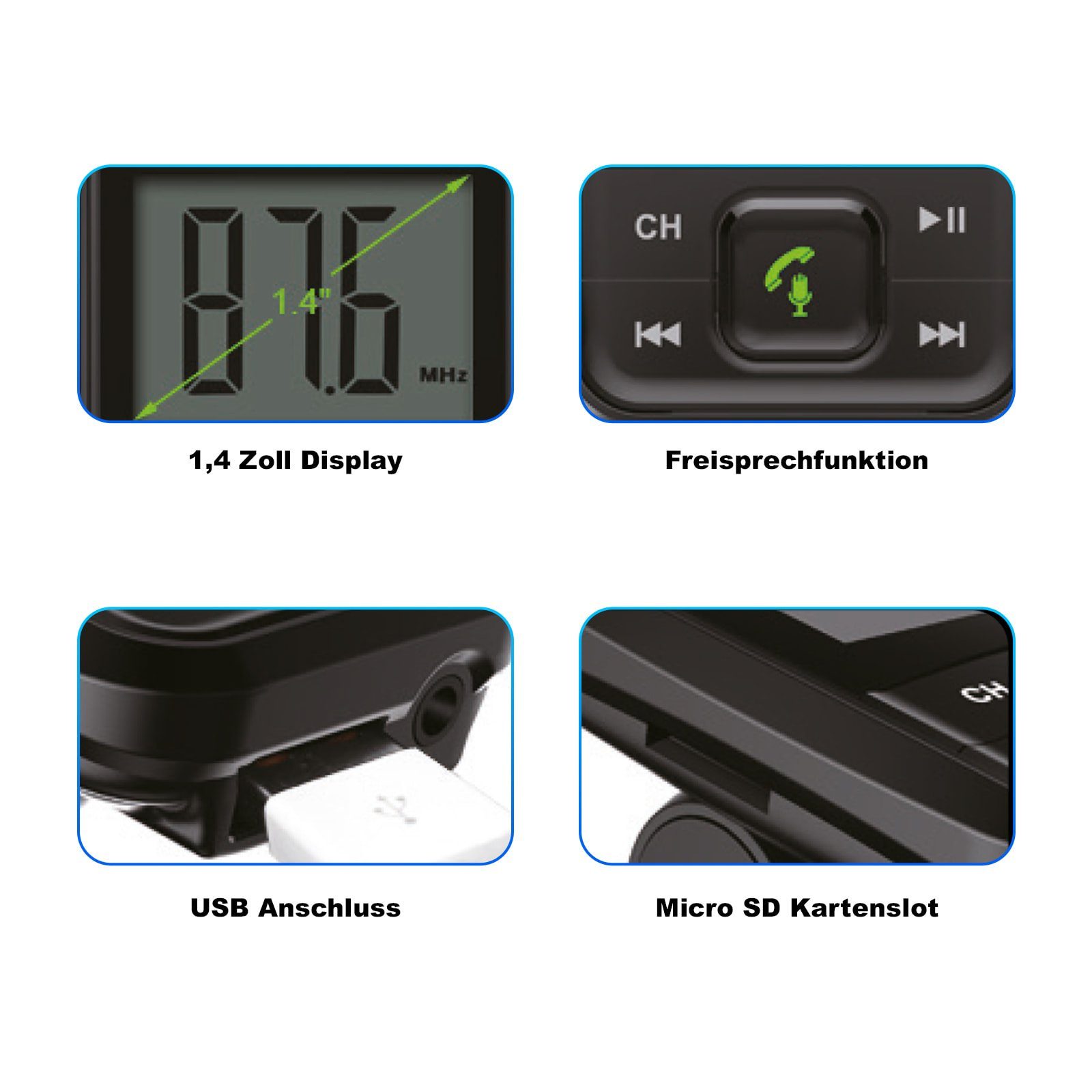 EAXUS Bluetooth FM-Transmitter für Autoradio KFZ-Transmitter Bluetooth, 3,5-mm-Klinke, microSD, USB-Sticks, Mit Freisprechfunktion und USB-Anschluss zum Laden