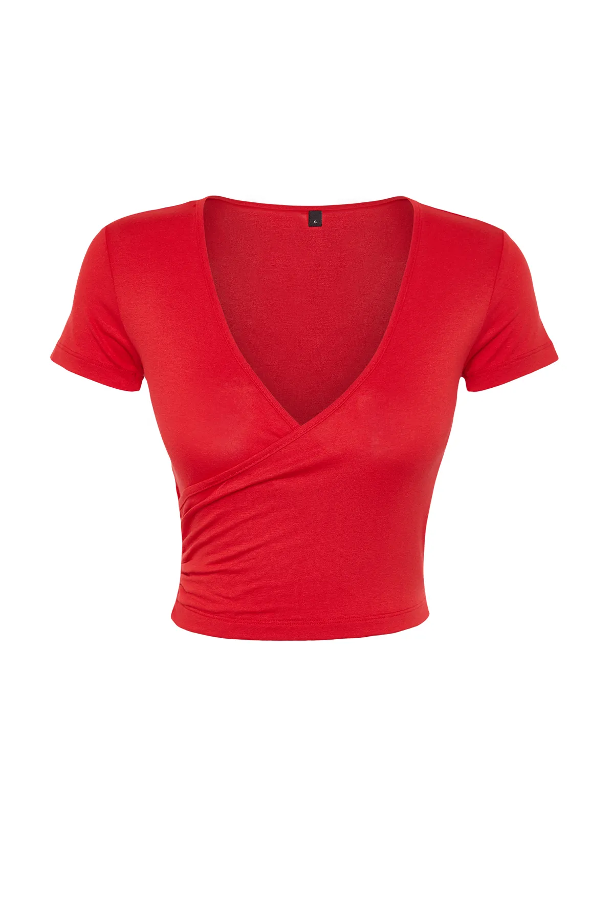 Trendyol Collection  Rote taillierte/taillierte Zweireiher-Kragen-Kurzbluse aus Viskose-Stretch-Strick TWOSS22BZ0536