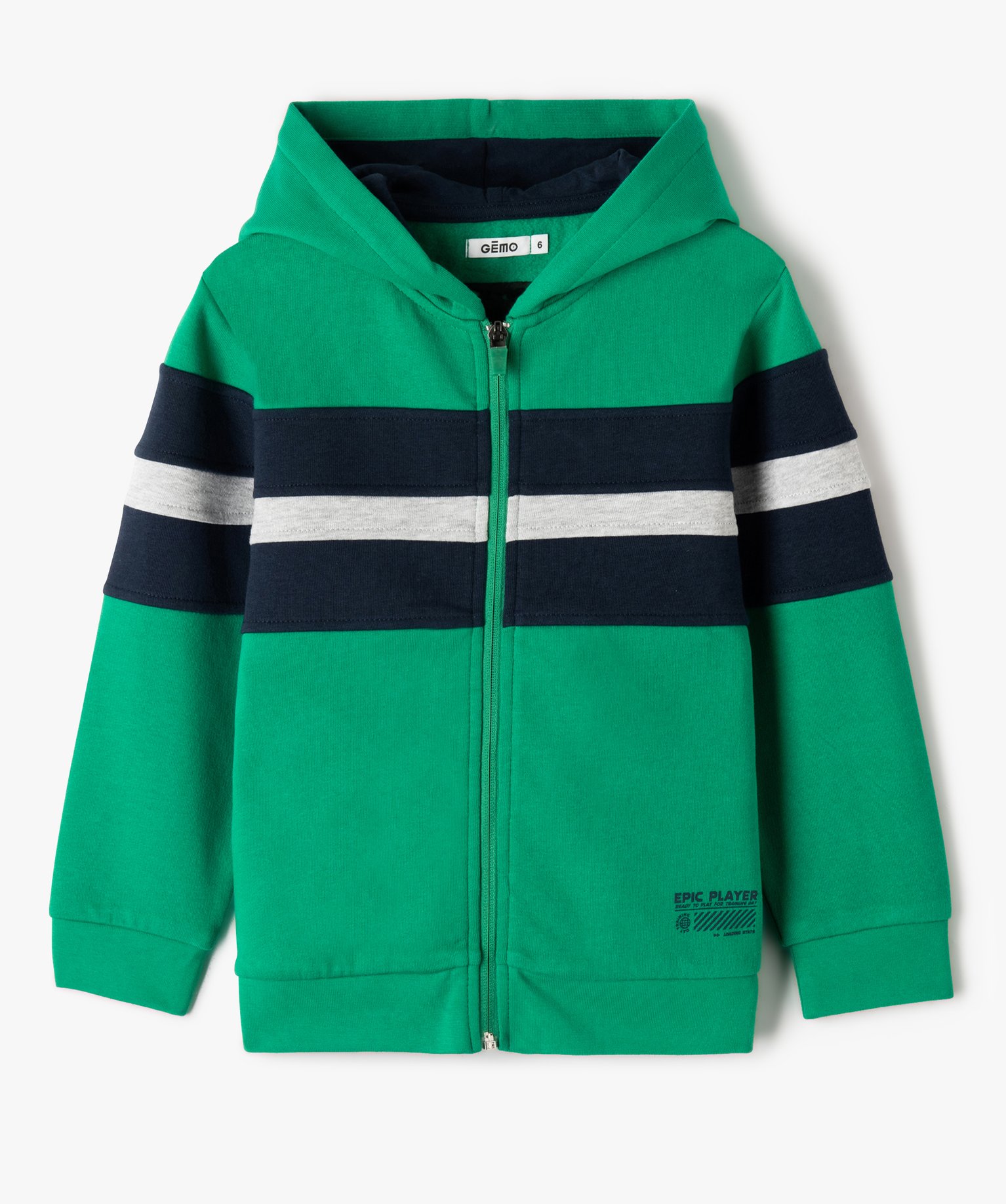 Sweat Garçon zippé à capuche, bandes colorées et motif e... vert | GEMO