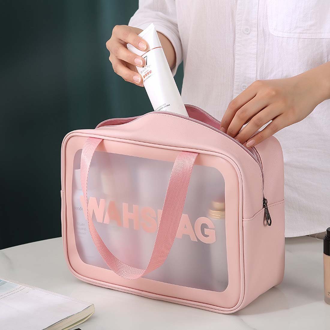 FIDDY Aufbewahrungstasche Transparente dreiteilige Kosmetik-Kulturtasche (Badetasche mit großem Fassungsvermögen, durchscheinende, gefrostete tragbare Aufbewahrungstasche für Damen, 3-tlg)