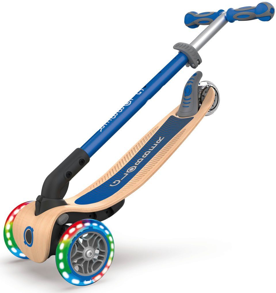 Globber Dreiradscooter PRIMO FOLDABLE WOOD LIGHTS, mit Leuchtrollen und Holzdeck