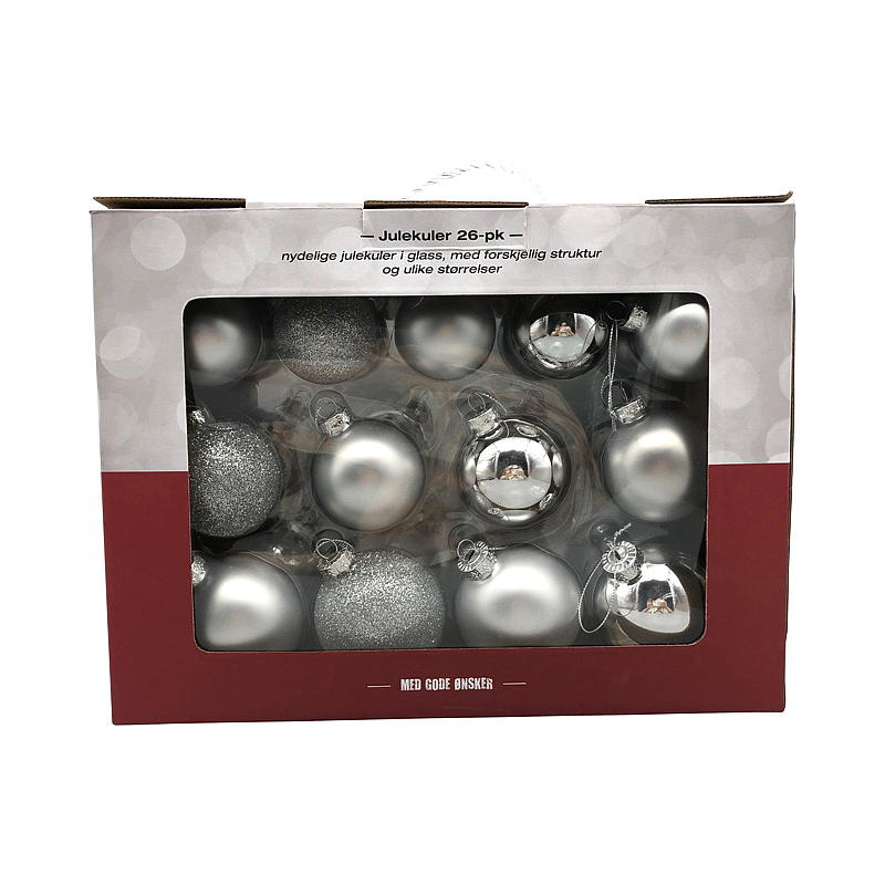 Julekule 26-pk glass, sølv