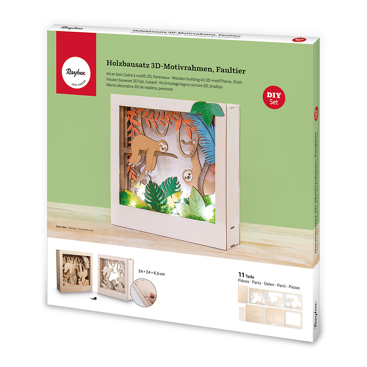 Holzbausatz 3D-Motivrahmen Faultier, natur, 24x24x6,5cm, 11-tlg.
