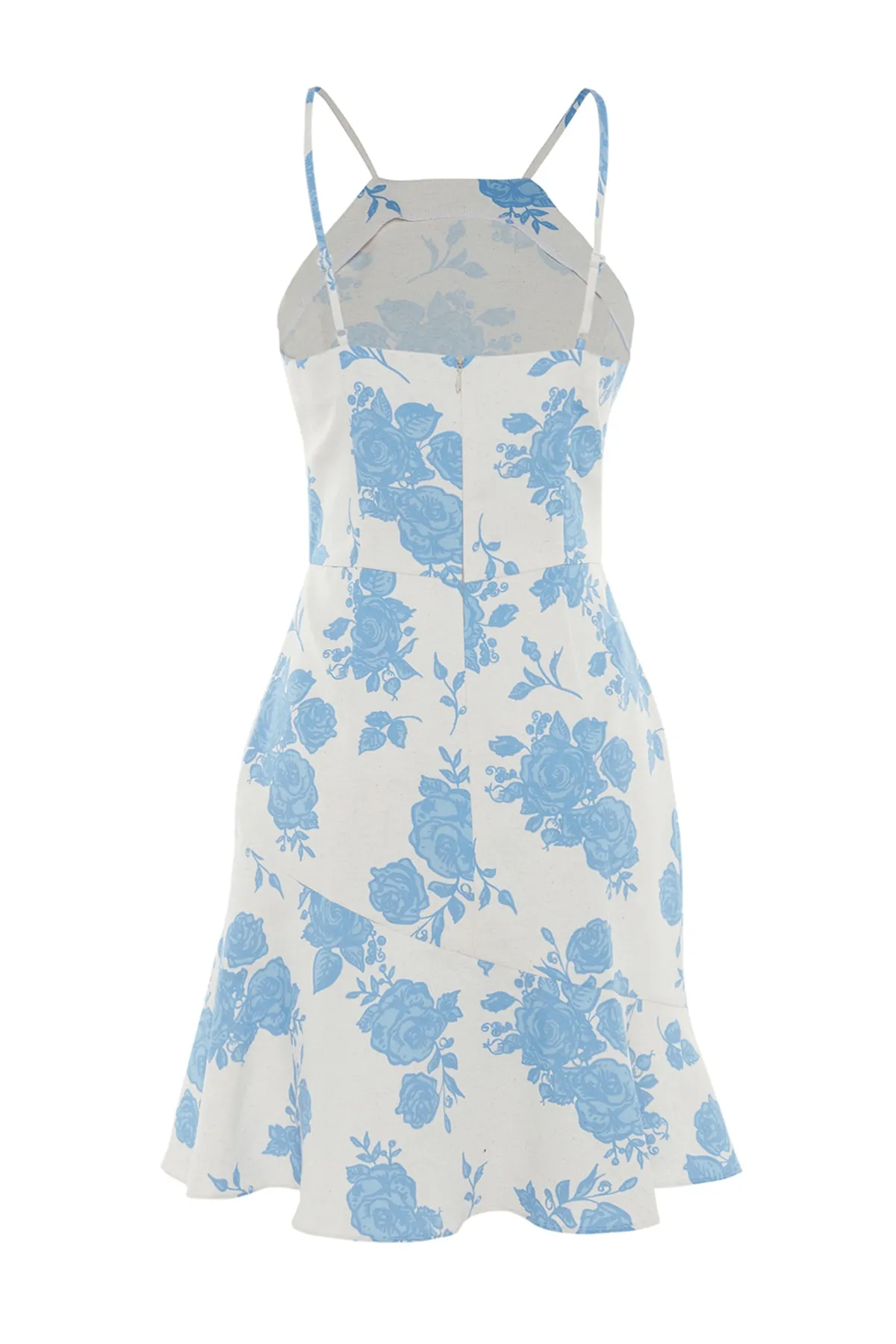 Trendyol Collection  Blaues, gemustertes, gewebtes Minikleid mit Neckholder und Taille TWOSS23EL00565