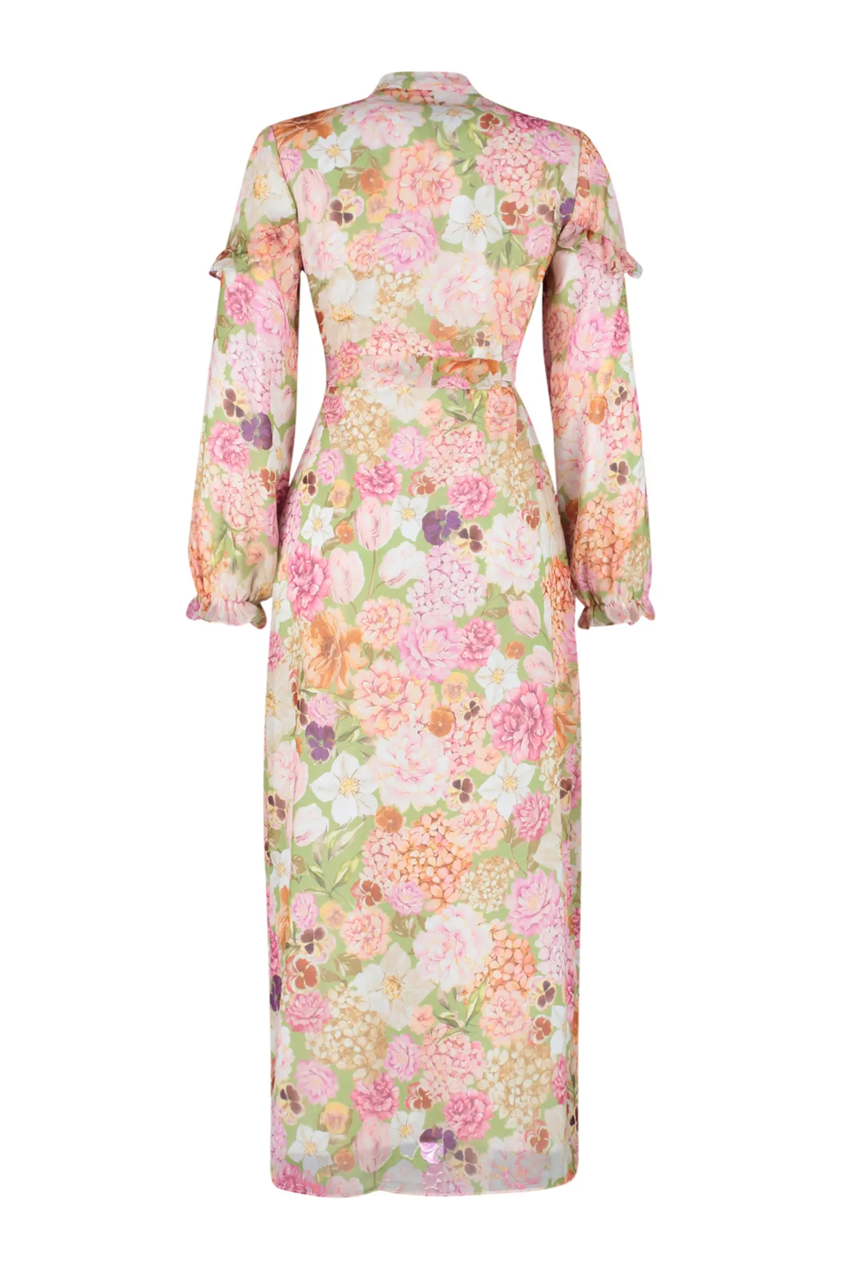 Trendyol Modest  Rosa Kleid aus gewebtem Chiffon mit Blumenmuster, Rüschendetail und Futter TCTSS24EB00003