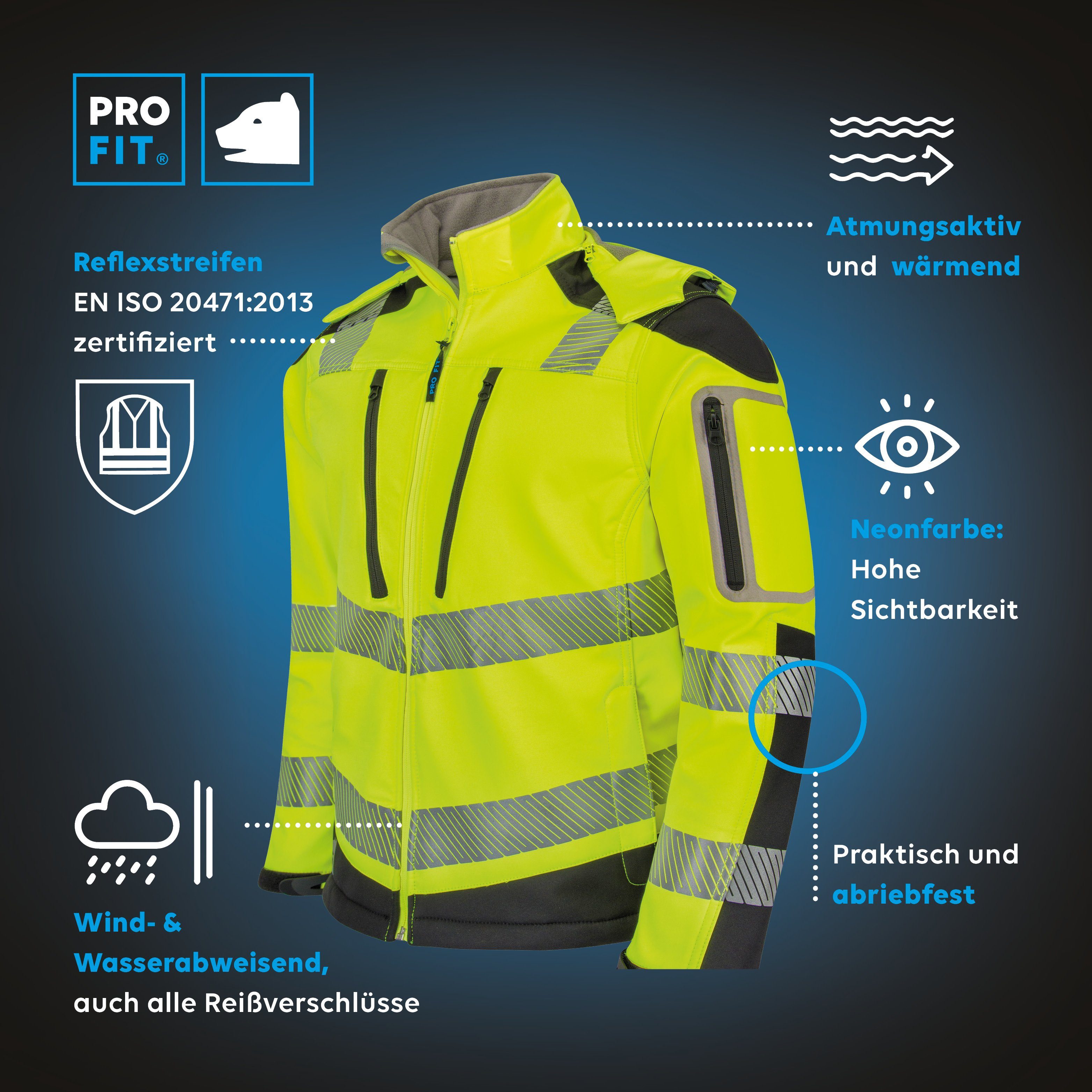 PRO FIT by Fitzner Arbeitsjacke Warnschutz Softshelljacke, Neongelb/Schwarz (1-St) Reflektierende Streifen, Winddicht, Wasserdicht, Atmungsaktiv